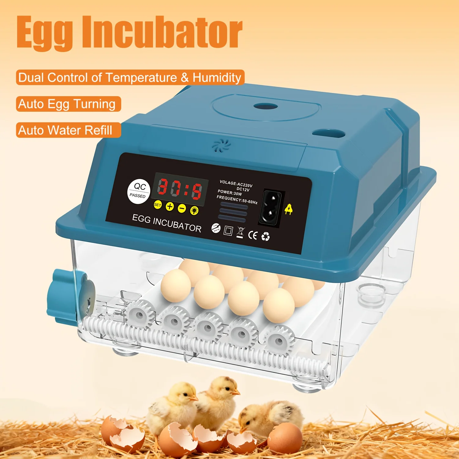 16-egg automatic poultry egg incubator with LED display and humidity control