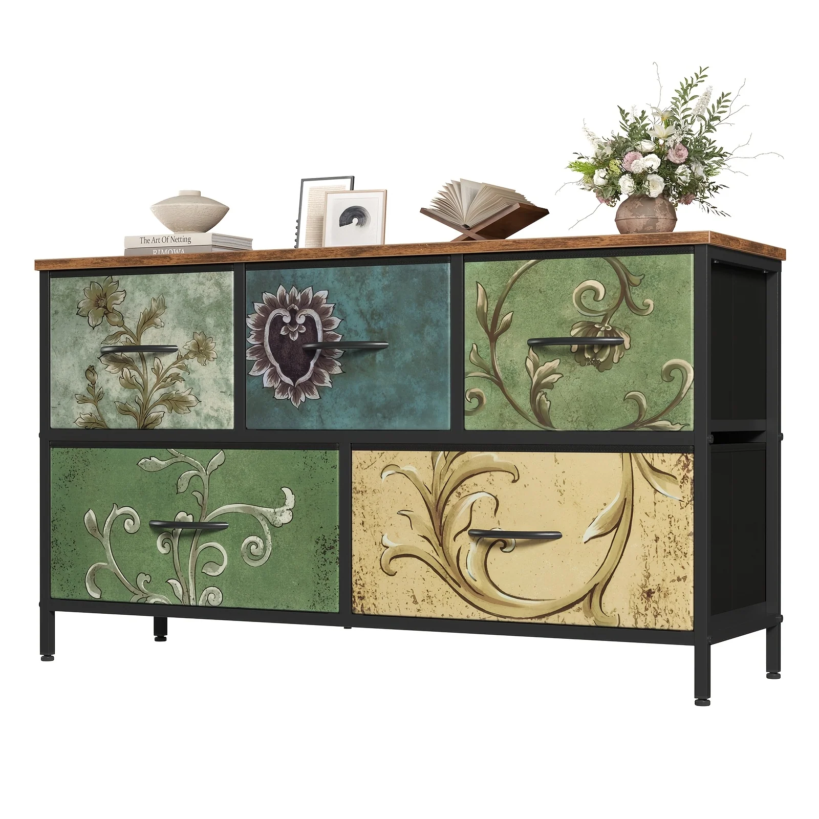 5-drawer wooden dresser with fabric storage bins