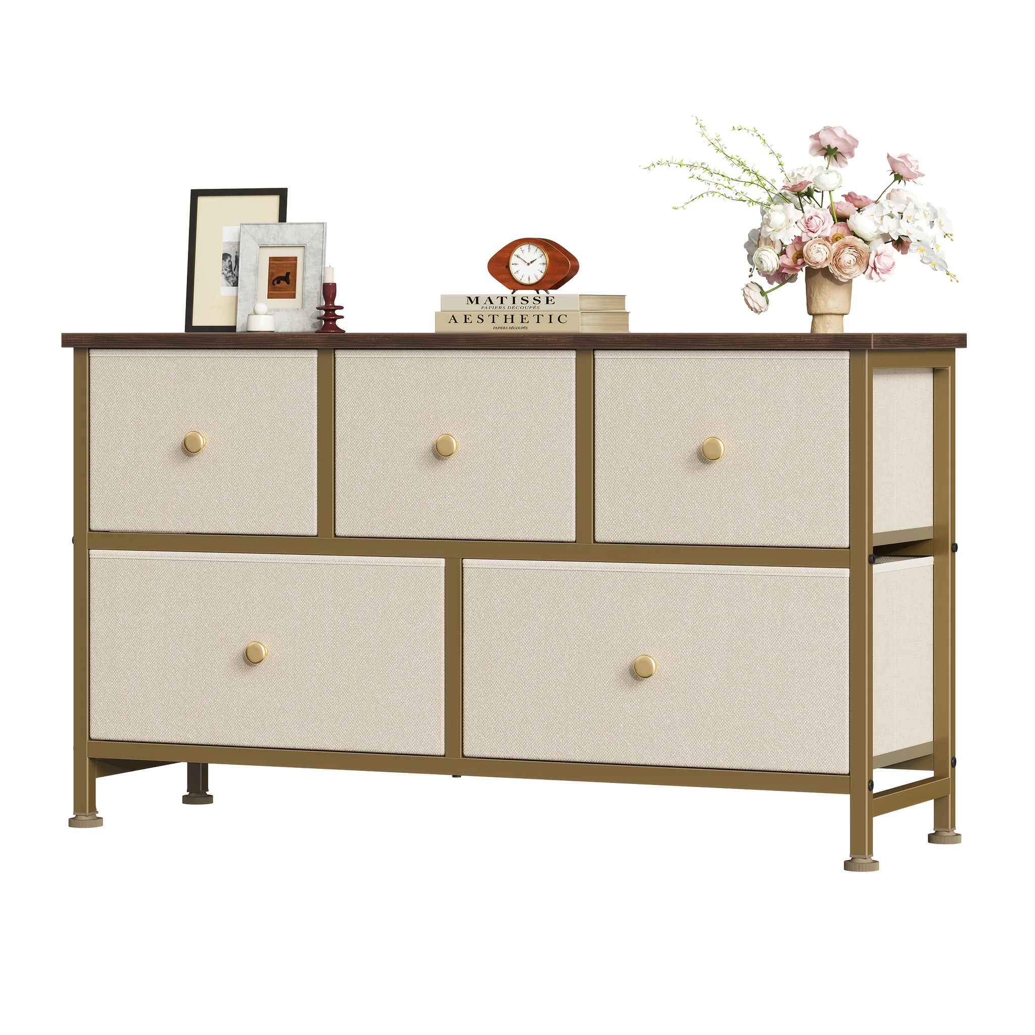 5-drawer wooden dresser with fabric storage bins