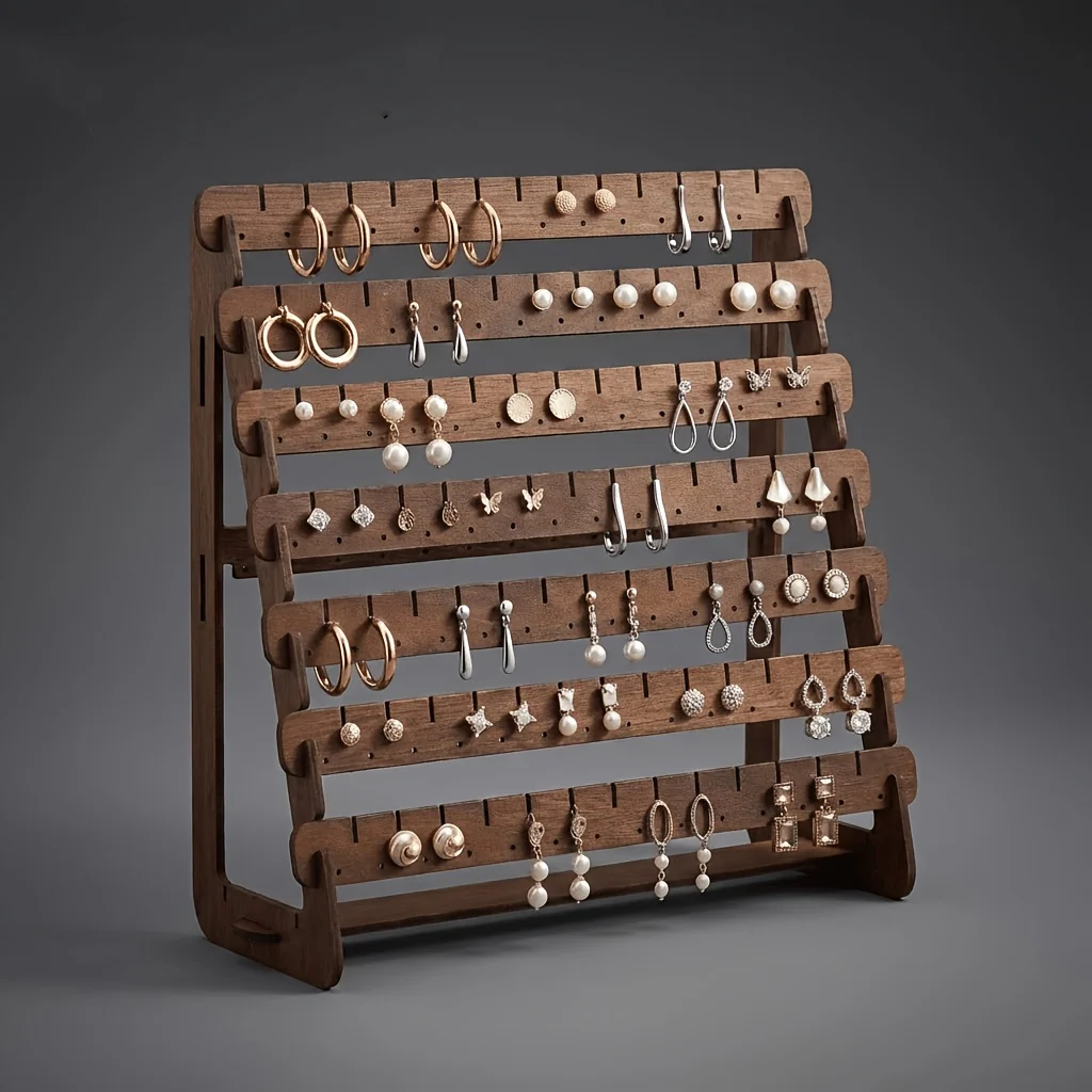 7-tier wooden earring display stand for stud and hook earrings