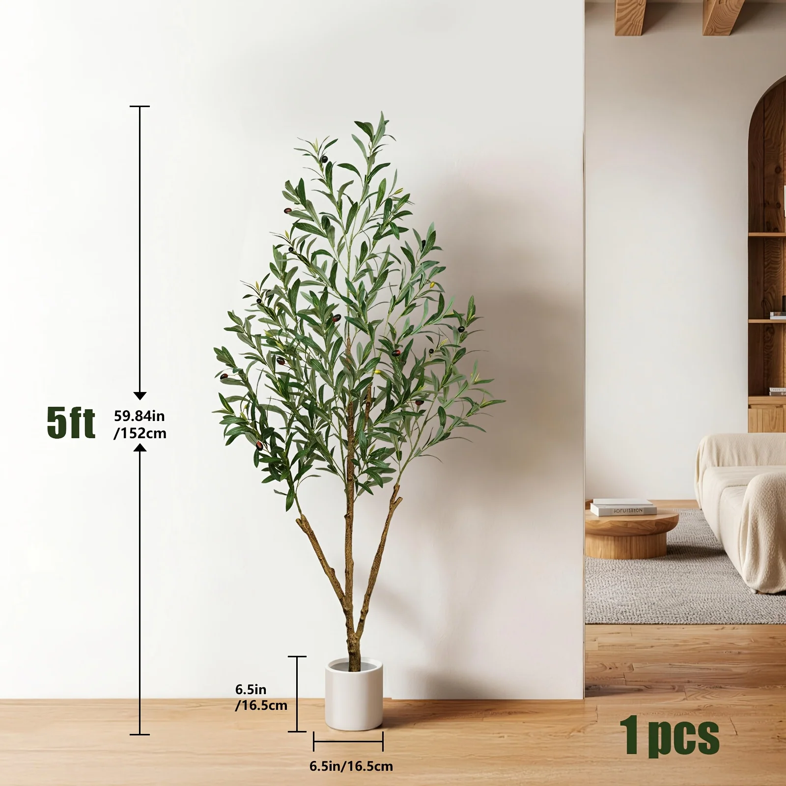 Indoor artificial olive tree in 5 to 7 ft sizes with vibrant trunk and fruits
