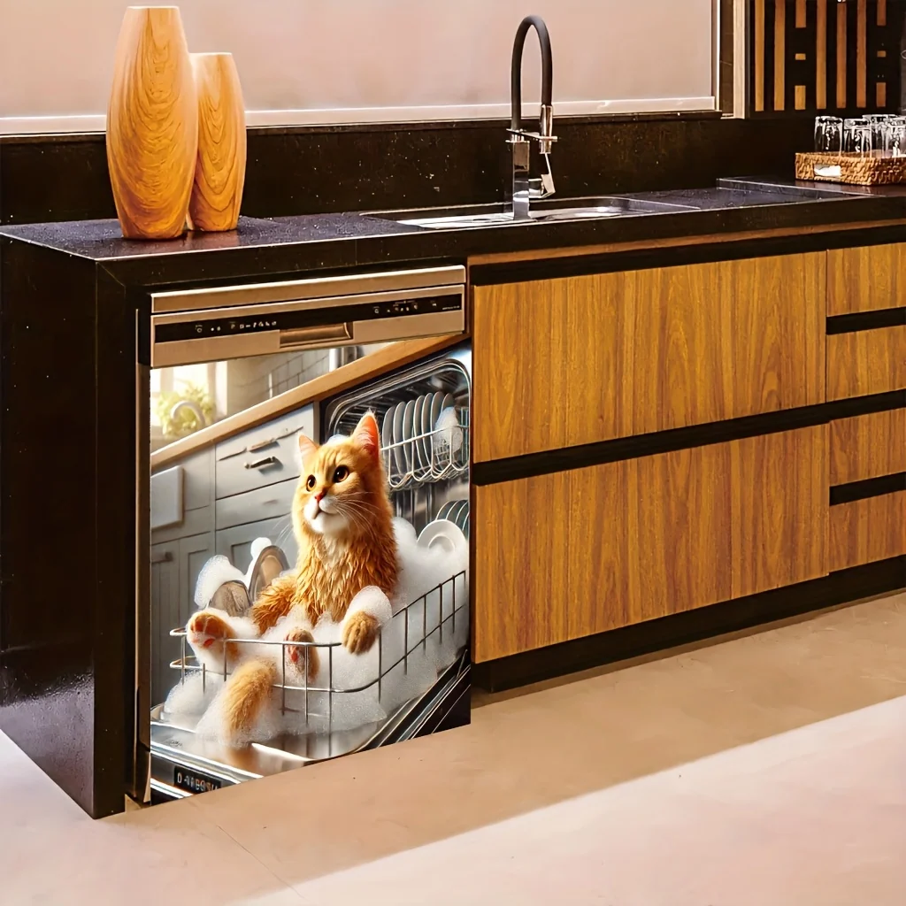 Orange Cat 2D Dishwasher Sticker – 21.65 Inch Flat Decal for Refrigerator, Dryer, and Washing Machine