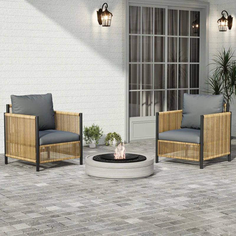 2-piece outdoor brown PE wicker sofa set with grey cushions