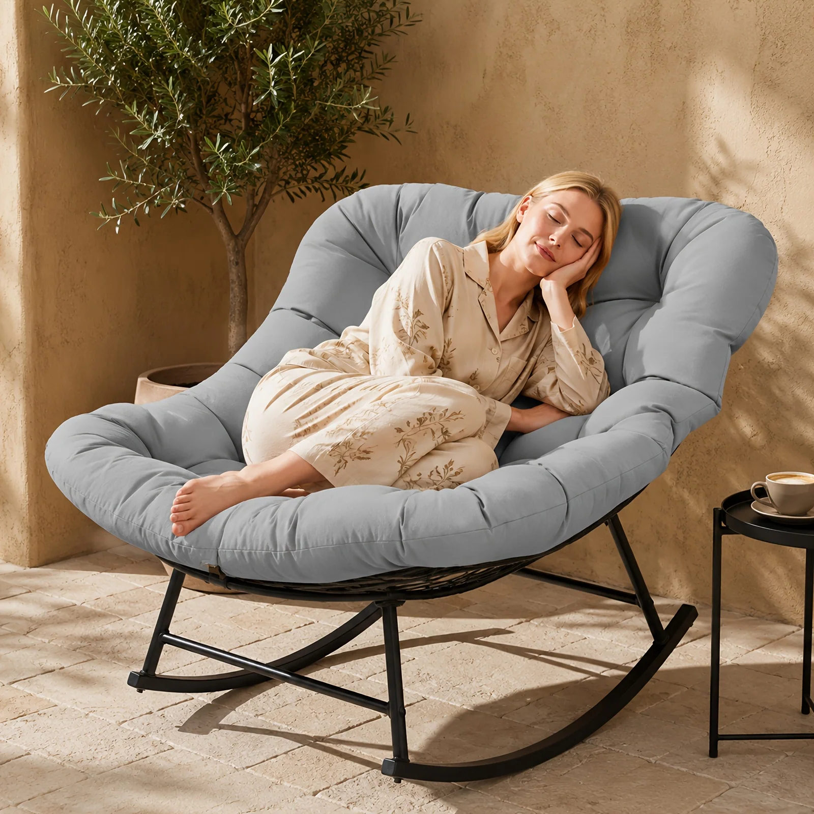 Oversized outdoor papasan rocking chair with thick padded cushion