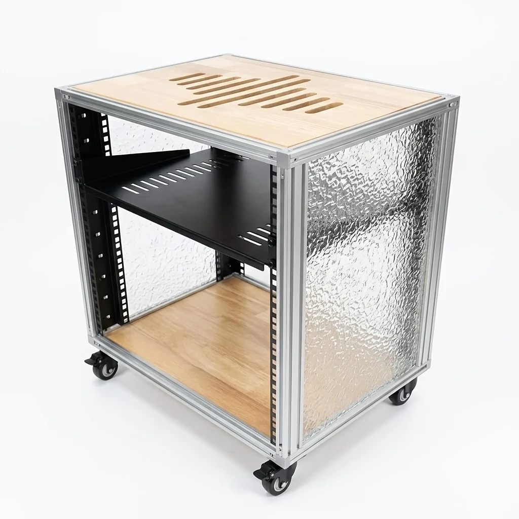 12U Mobile AV Rack with Aluminum Profile Frame, 12 mm Oak Wood Grain Top, Stone‑Pattern Acrylic Side Panels and Silent Casters