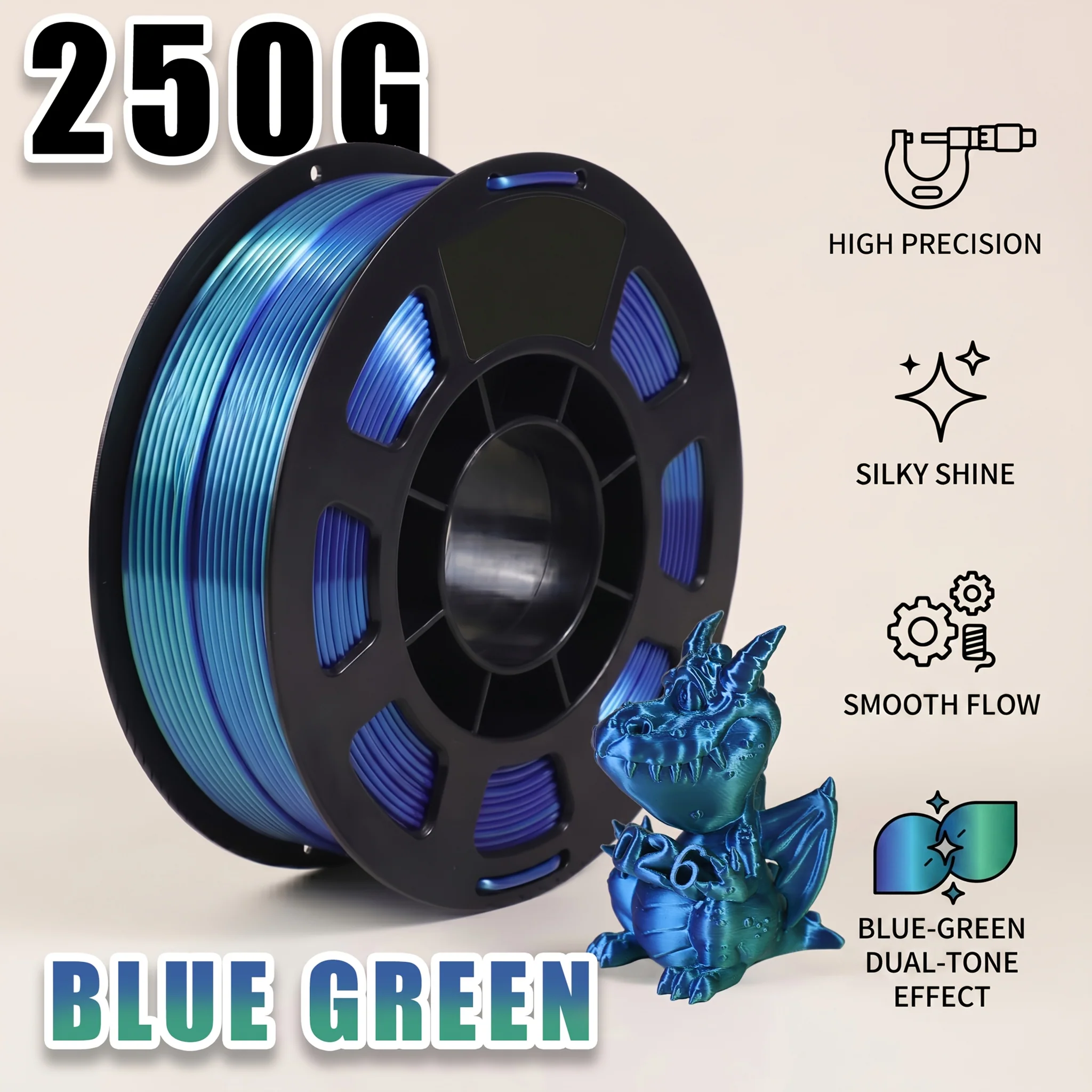 Premium Blue‑Green PLA 3D Printer Filament, 1.75 mm, High Toughness, +/- 0.02 mm Accuracy, Tangle‑Free, 250 g Spool