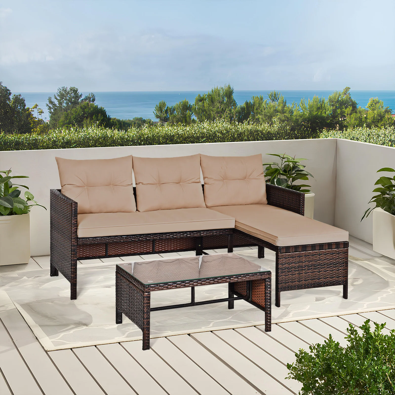 3-piece outdoor rattan sectional sofa set with metal frame and cushions