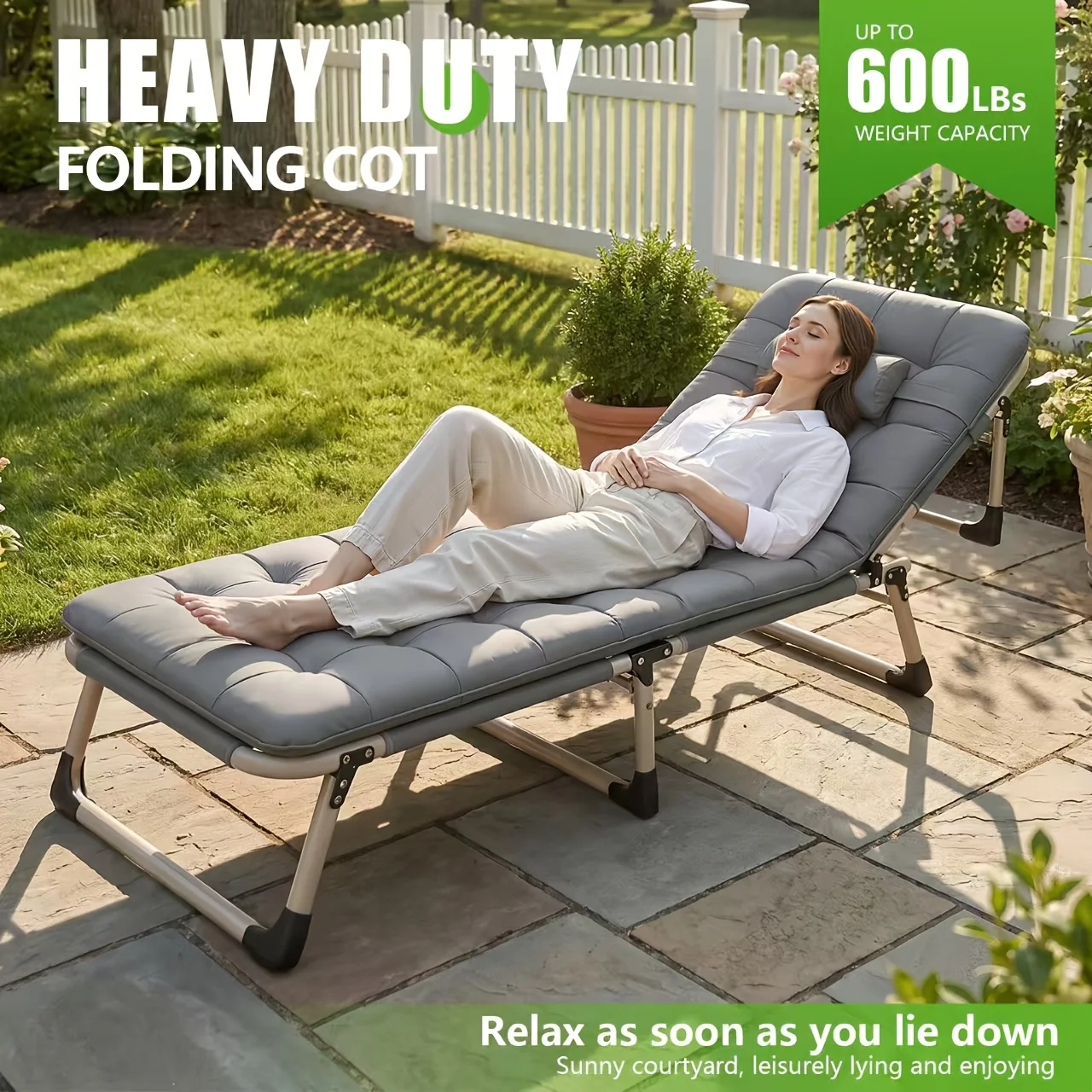 Adjustable folding camping bed with 600 lb capacity for outdoor relaxation