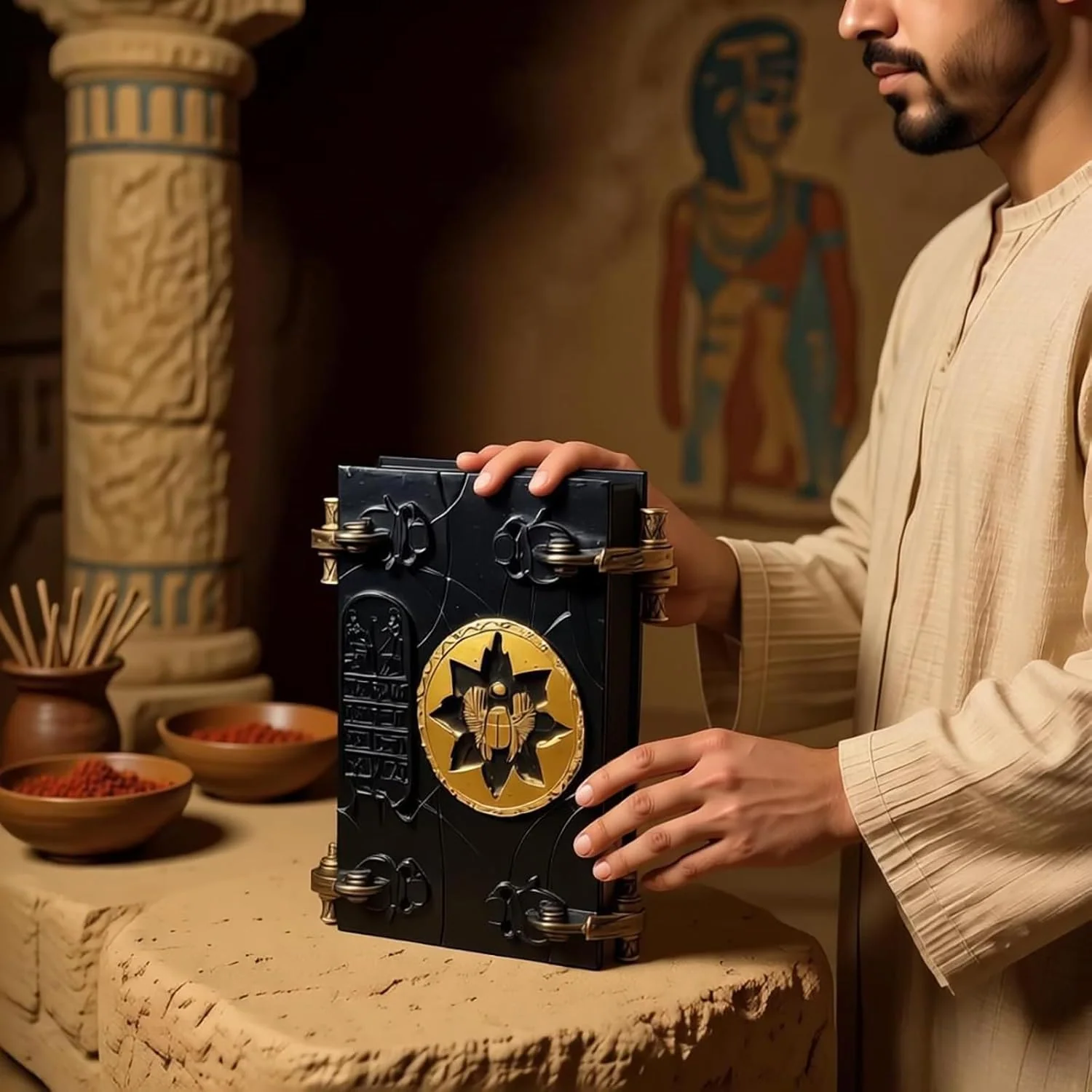 Handcrafted Egyptian book resin figurine with ornamental key