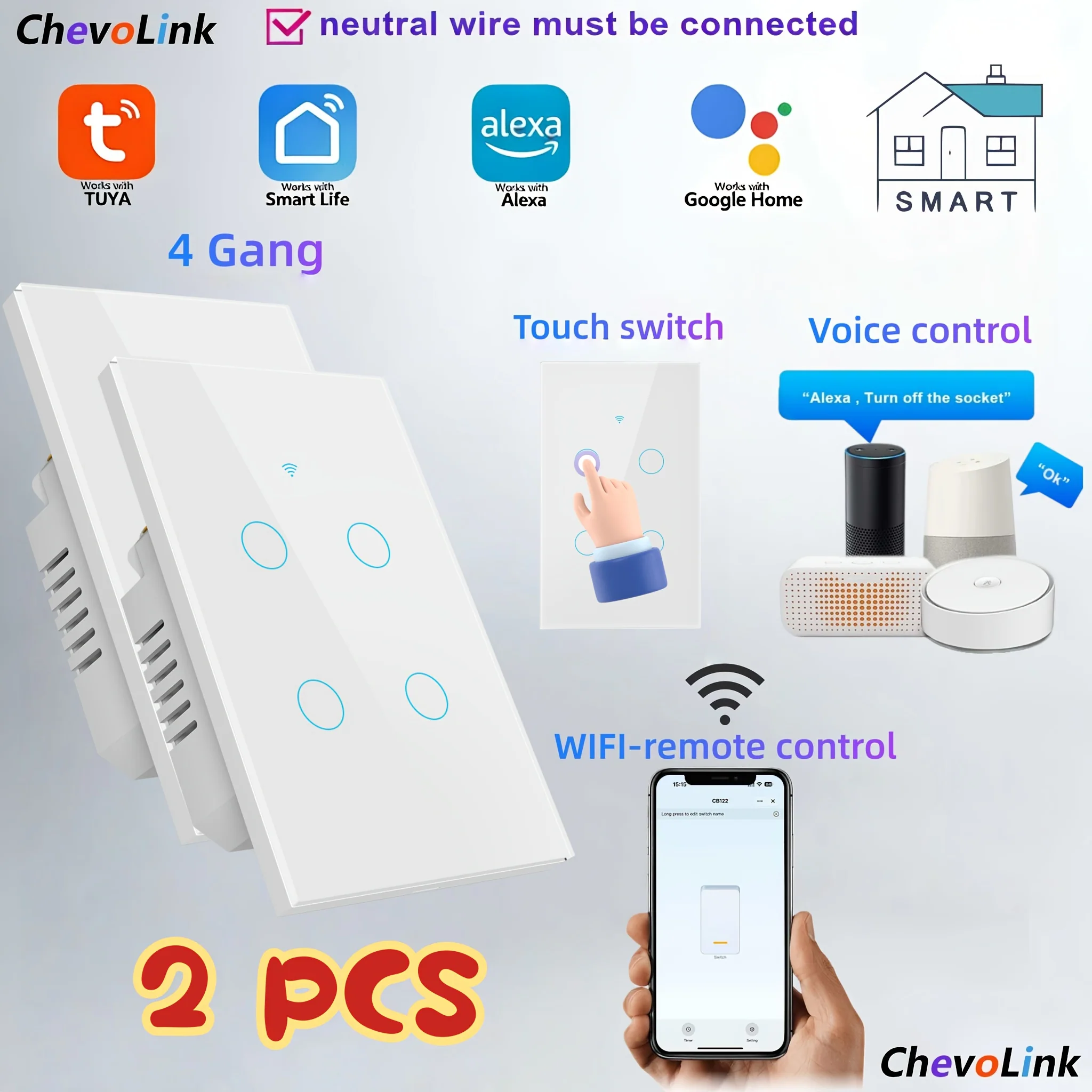 Set of Two White Smart Wi‑Fi Wall Switches with Touch Control, Voice and Timer, Neutral Wire Required