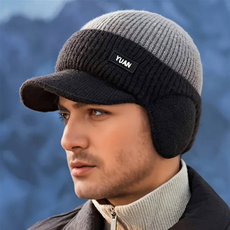 Men's Winter Knit Hat with Ear Flaps and Sun Visor