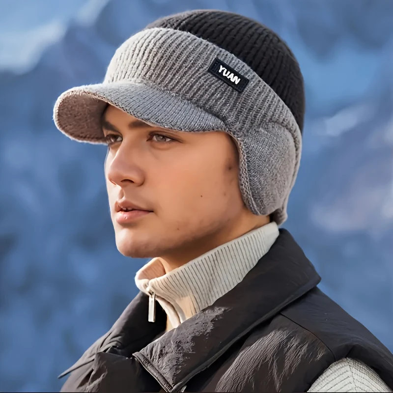 Men's Winter Knit Hat with Ear Flaps and Sun Visor