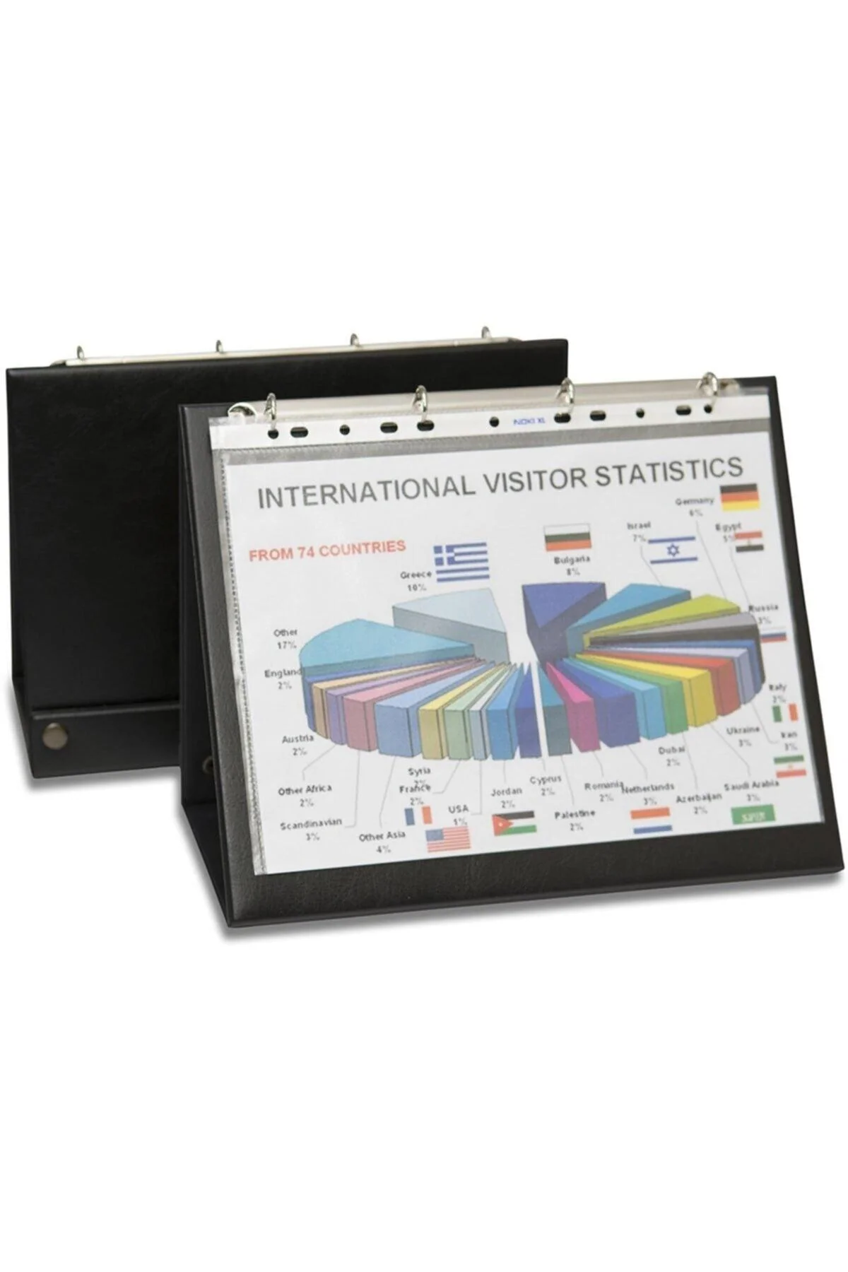 A4 presentation folder with 4-ring binder mechanism and snap-fastener closure