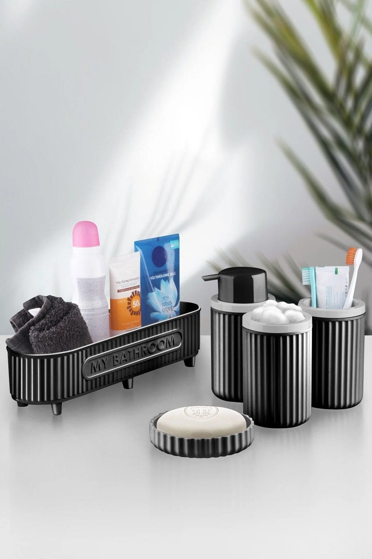 5-piece acrylic bathroom set with soap dispensers and holders