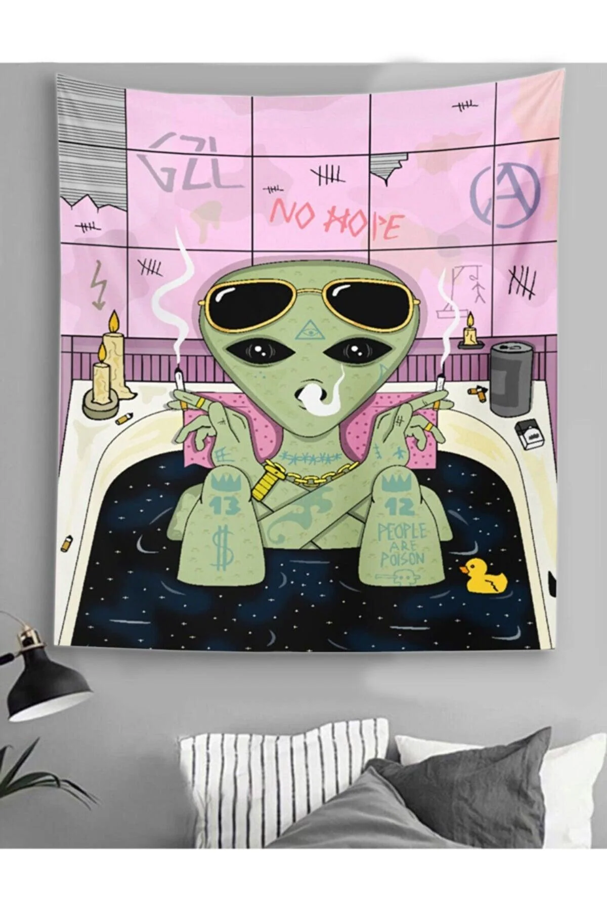 Digital print tapestry with alien pattern in multiple sizes