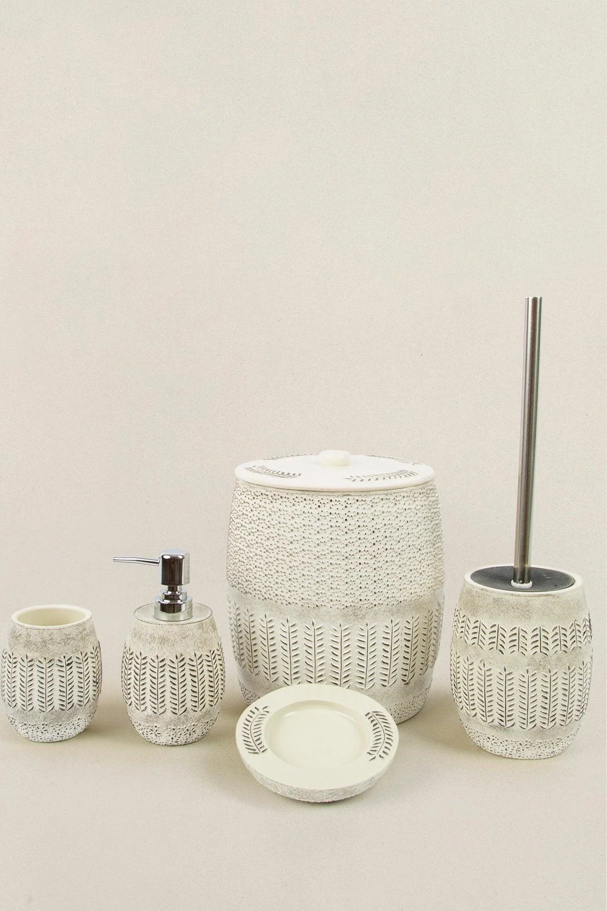 Gray 5-piece bathroom set with liquid and solid soap dishes