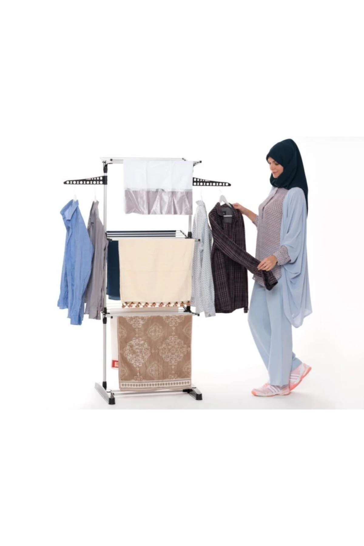 Three‑tier aluminum laundry drying rack with stainless‑steel legs