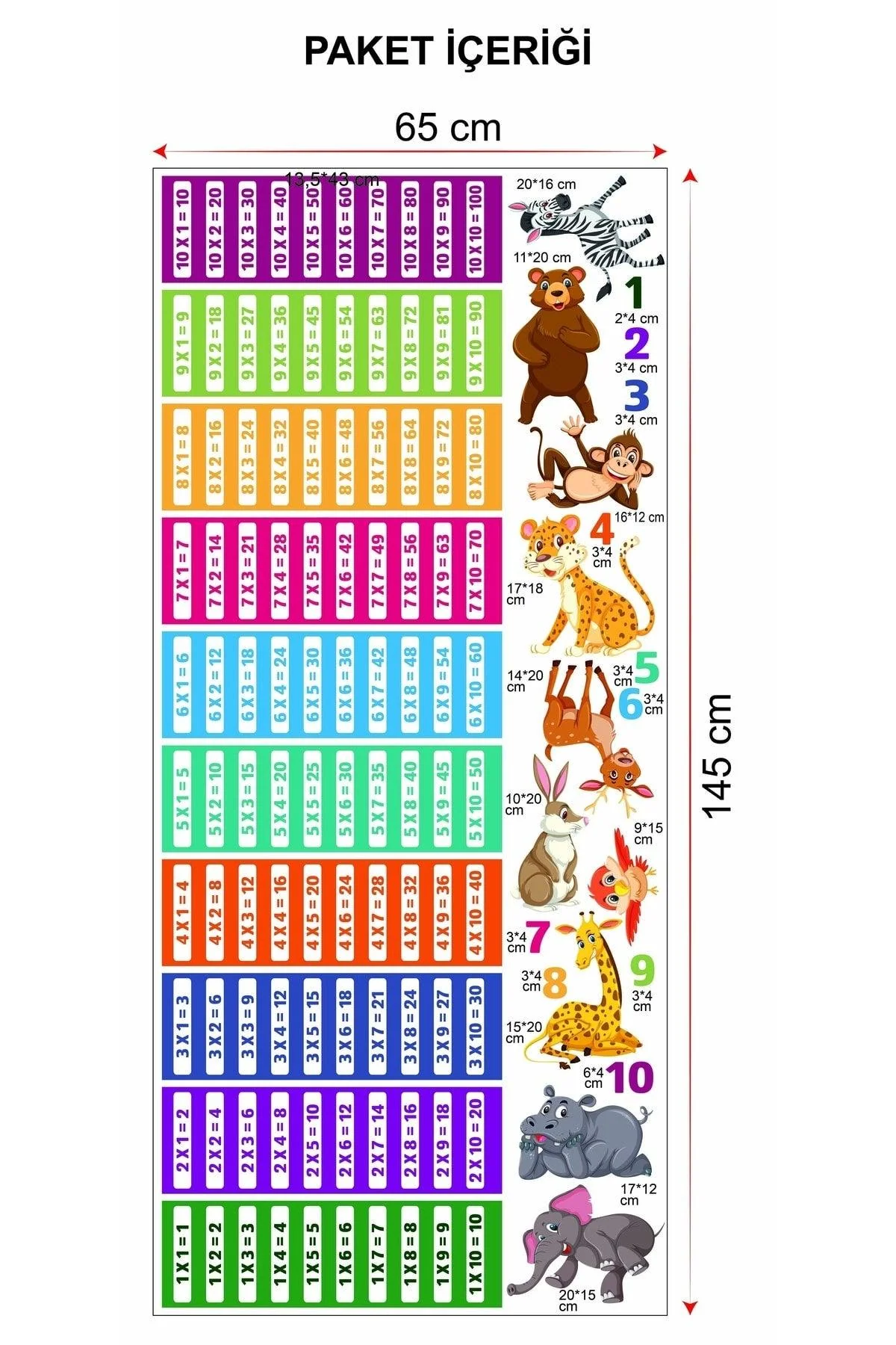 145x65cm multiplication table wall sticker for kids