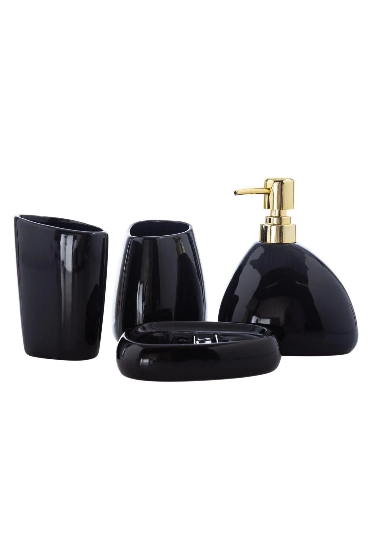 4-piece black ceramic bathroom set with gold pump and accessory tray