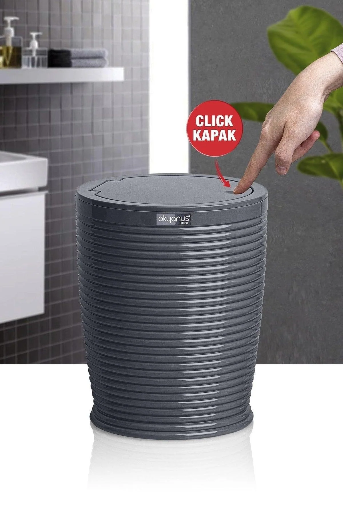 Round dustbin with click lid in anthracite finish