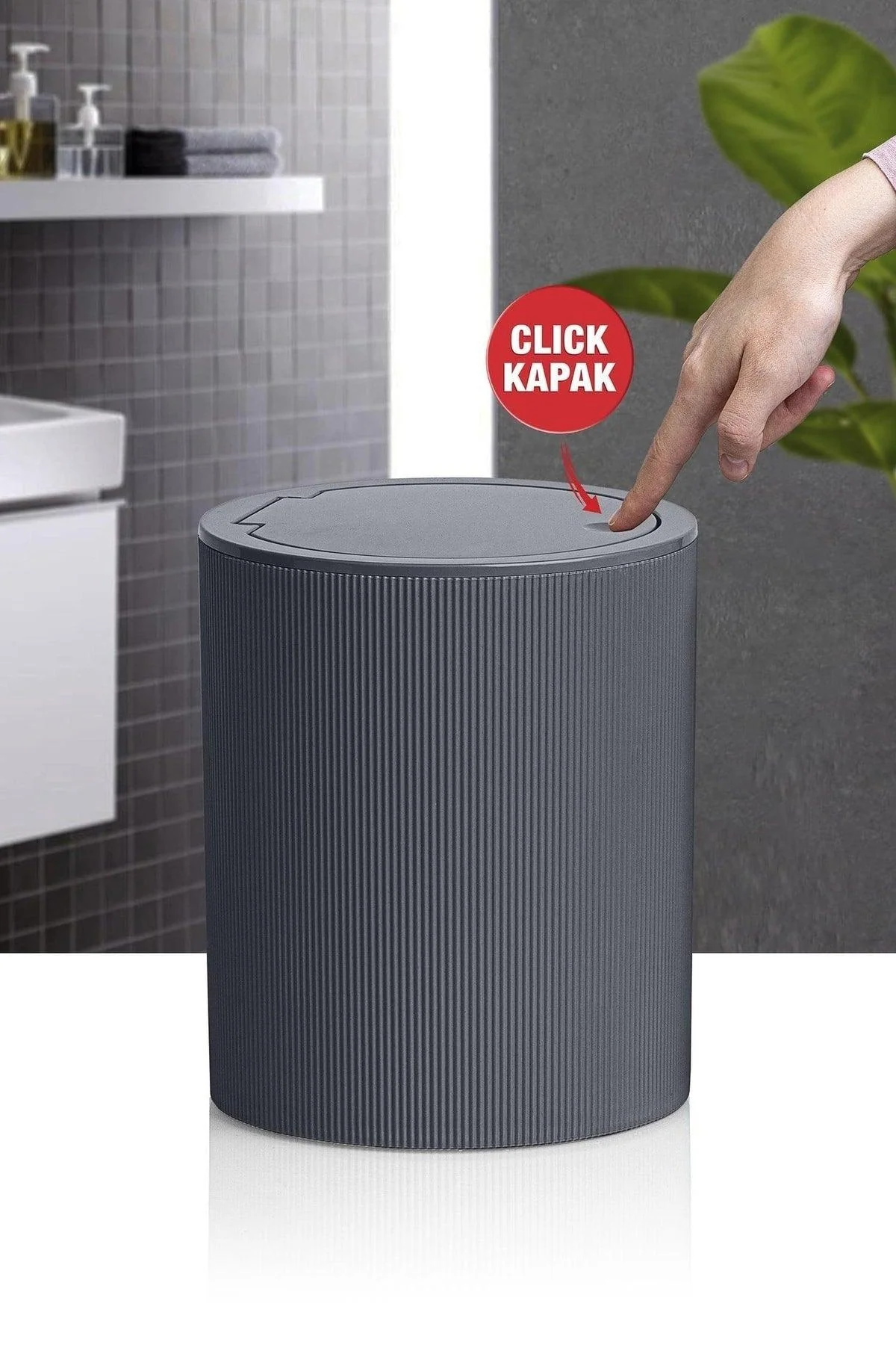 Anthracite round dustbin with click lid and striped design
