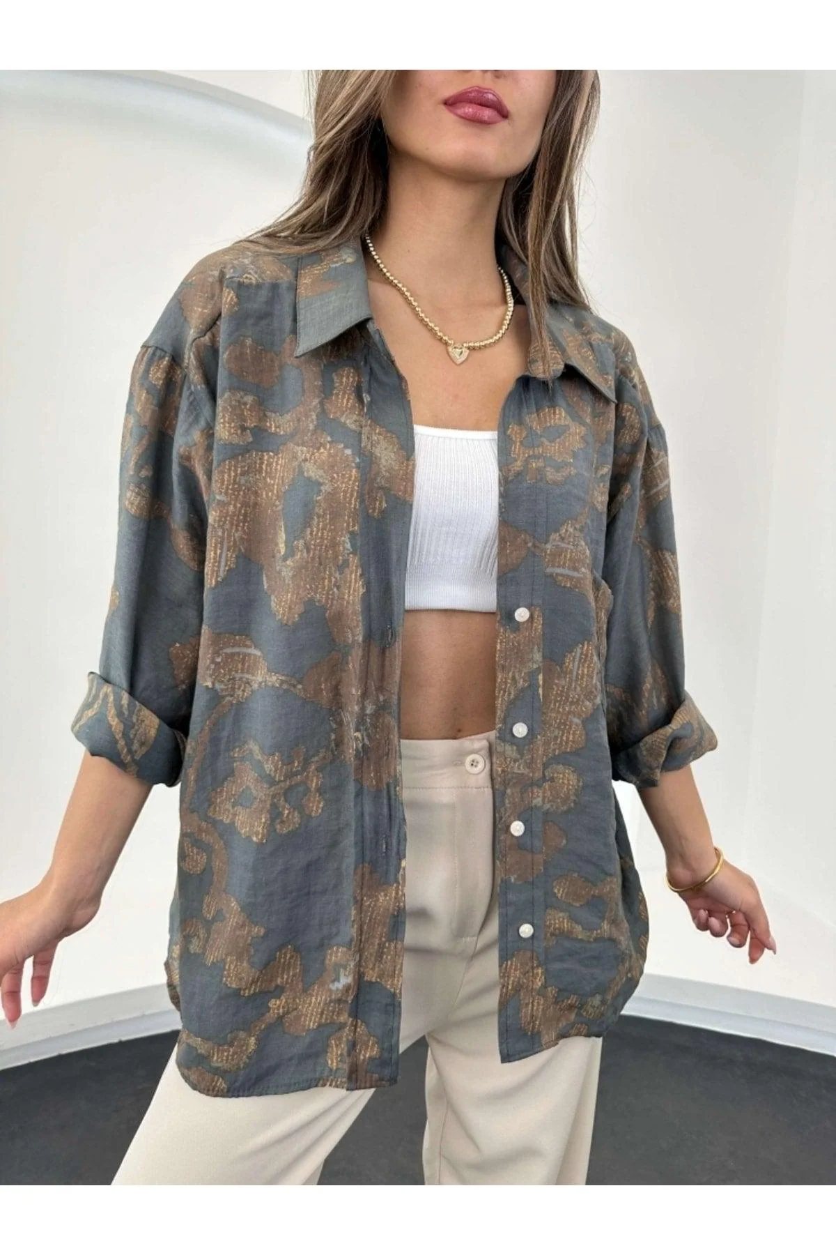 Anthracite patterned relaxed fit off-shoulder modal shirt