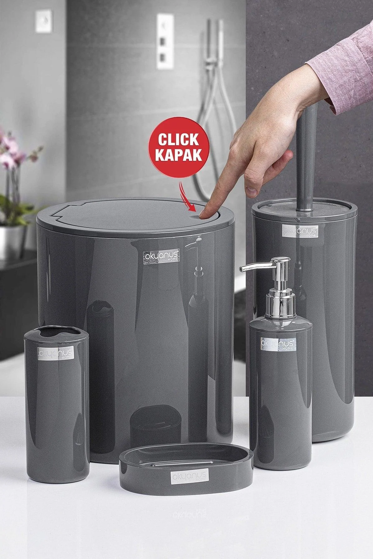Anthracite round bathroom set with five essential accessories