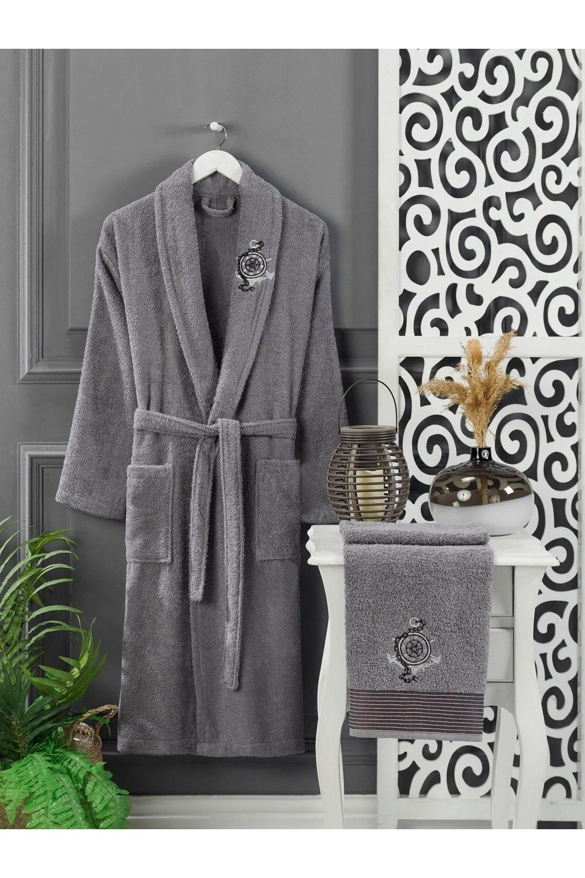Anthracite grey cotton bathrobe and head towel set