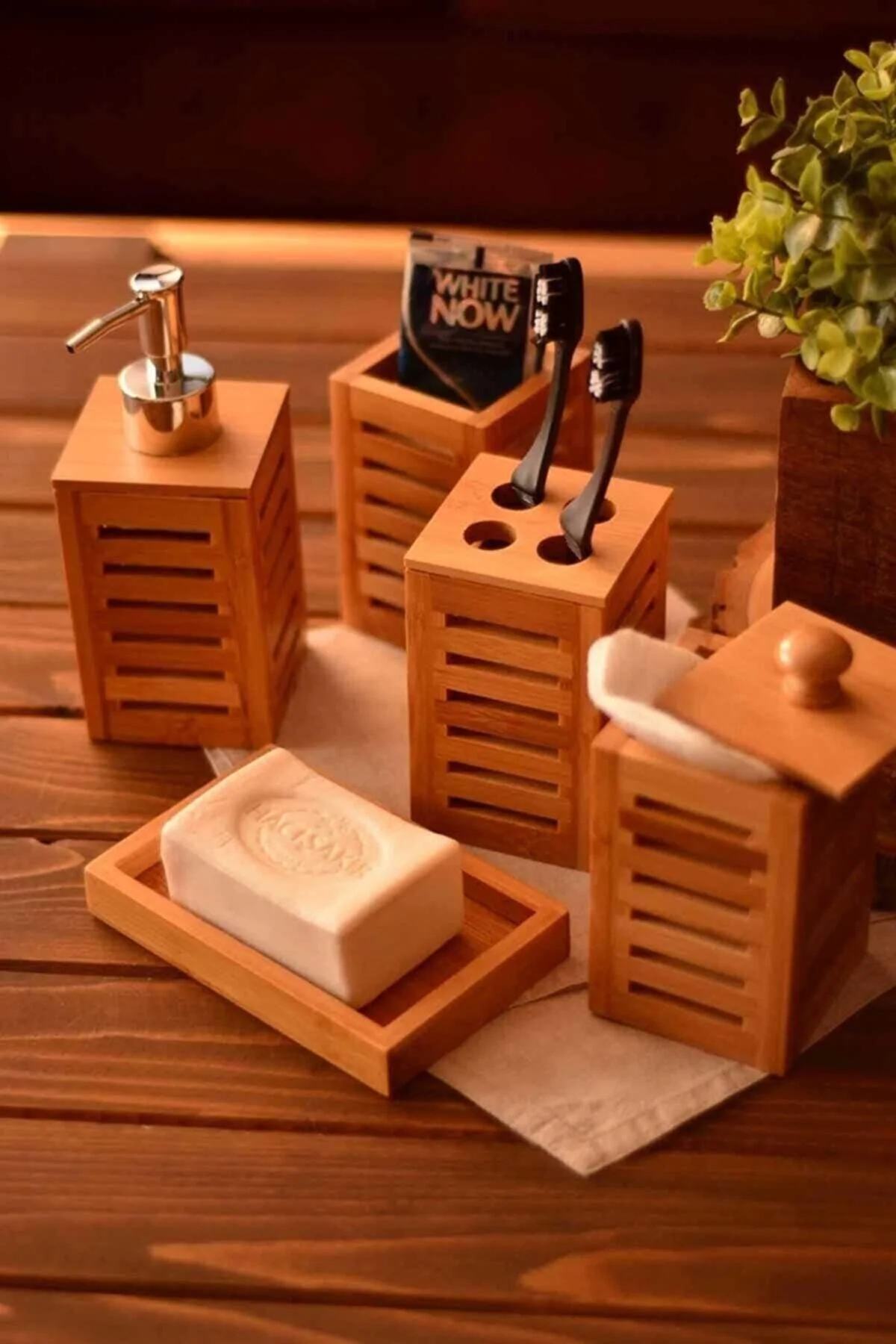 Bamboo Bathroom Organizer Set with Soap Dispenser and Toothbrush Holder