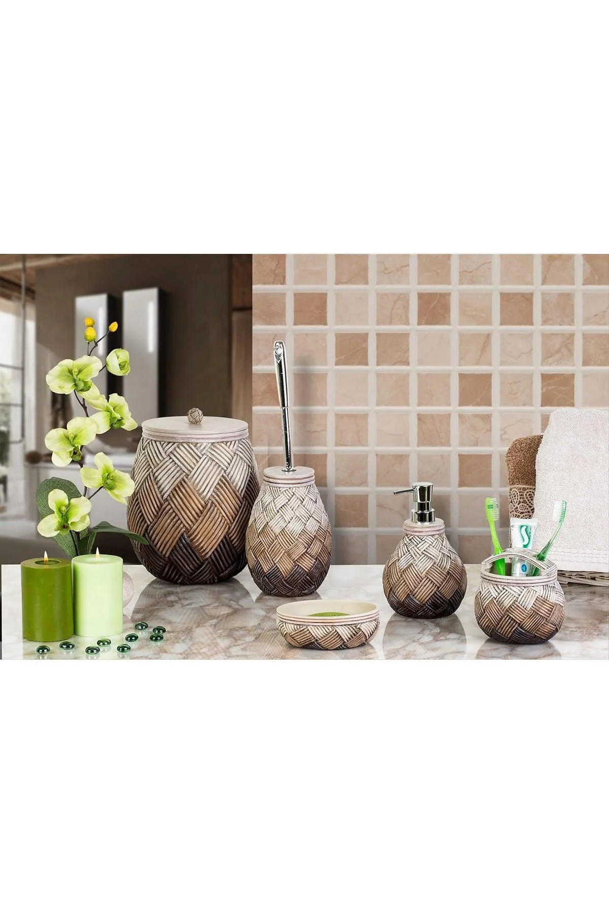 Soft green bathroom set with soap dispensers