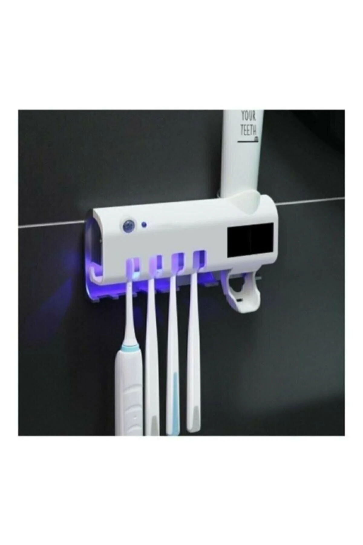 UV sterilizing toothpaste squeezer and toothbrush holder with auto shut-off
