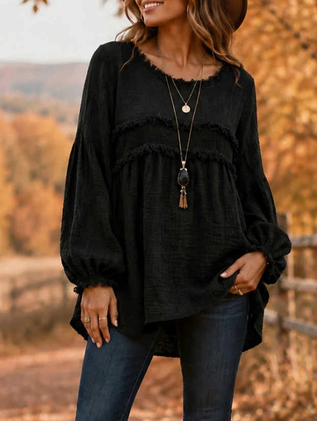 Autumn Winter Patchwork Fringe Lace Top
