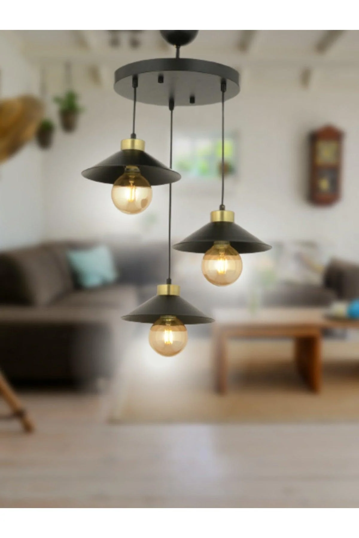 Triple black chandelier with metal frame and glass shades