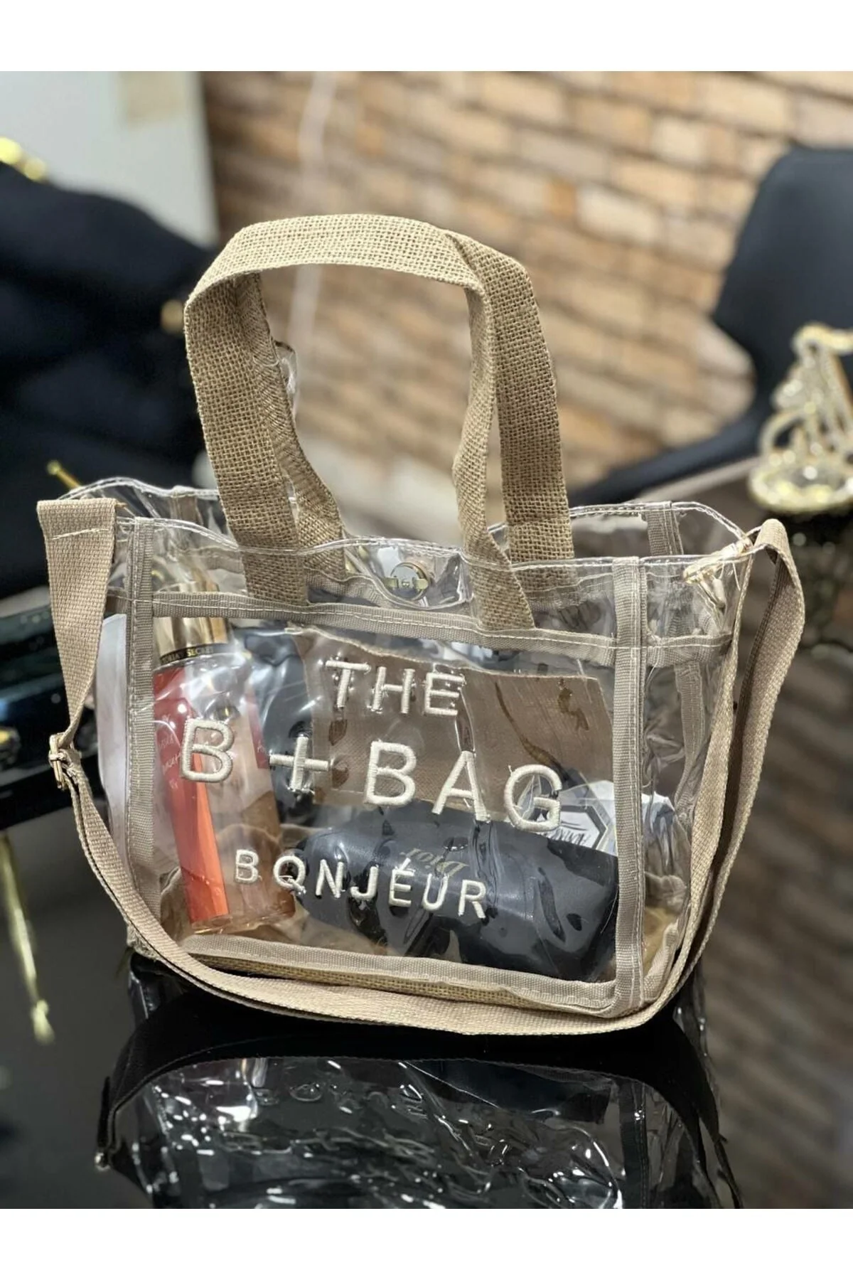 Clear plastic crossbody bag with hang loop