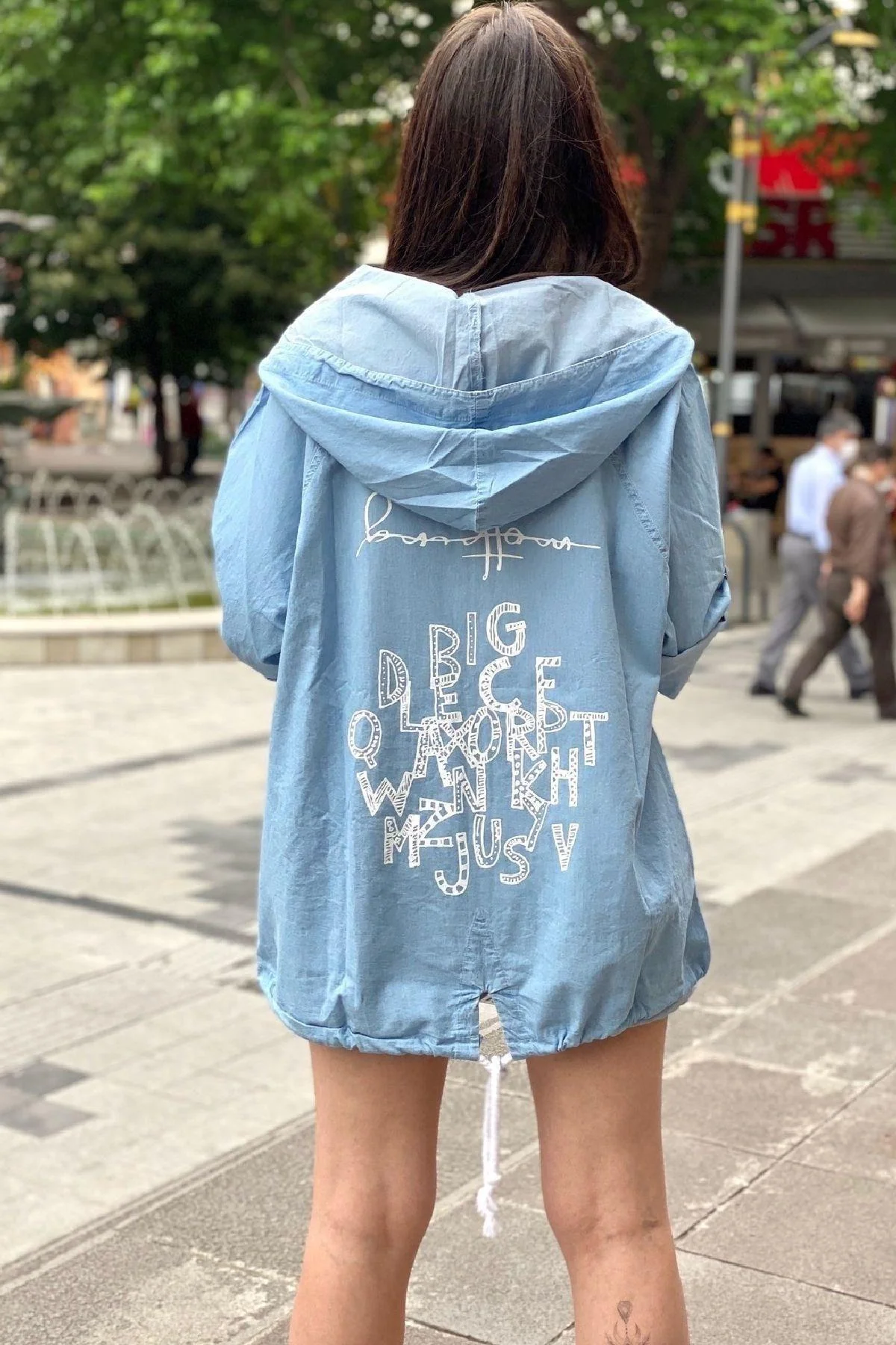 Hooded denim jacket with printed back design