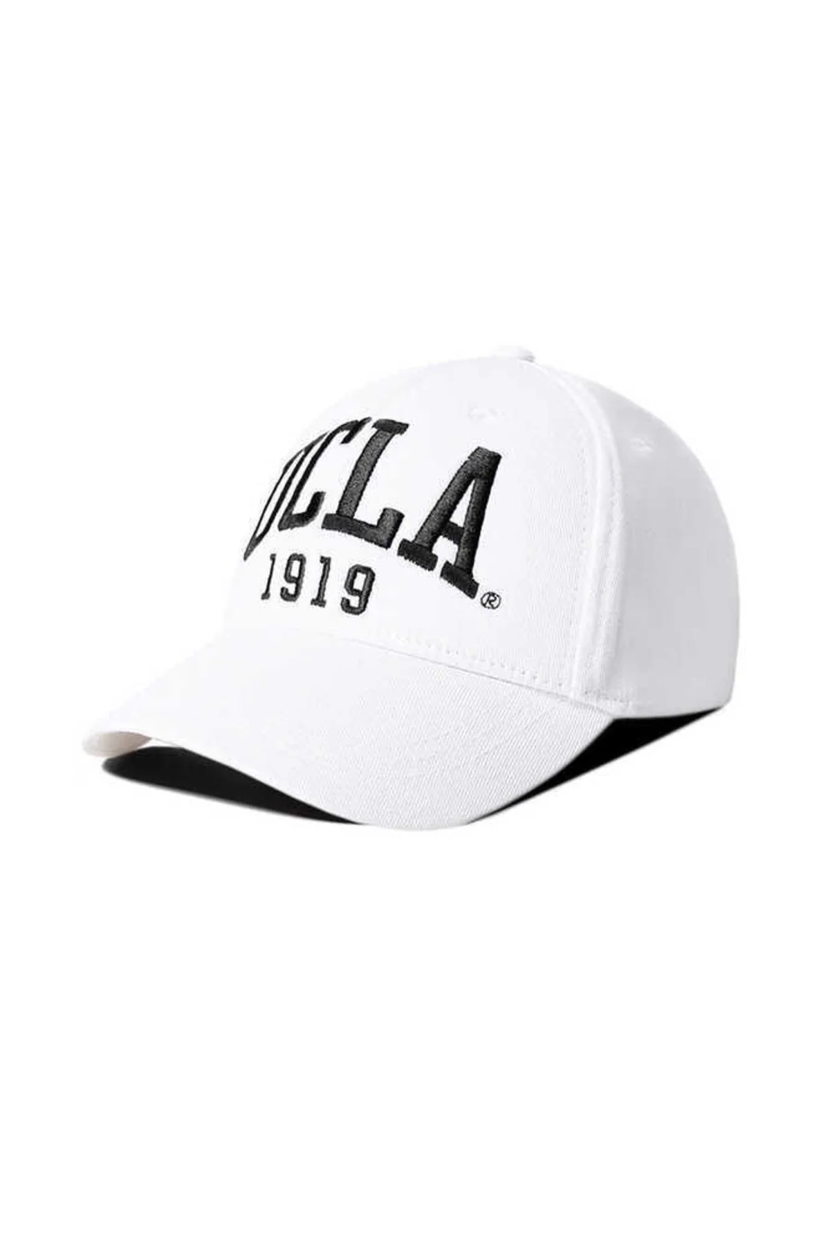 Black and white embroidered cotton baseball cap with adjustable strap