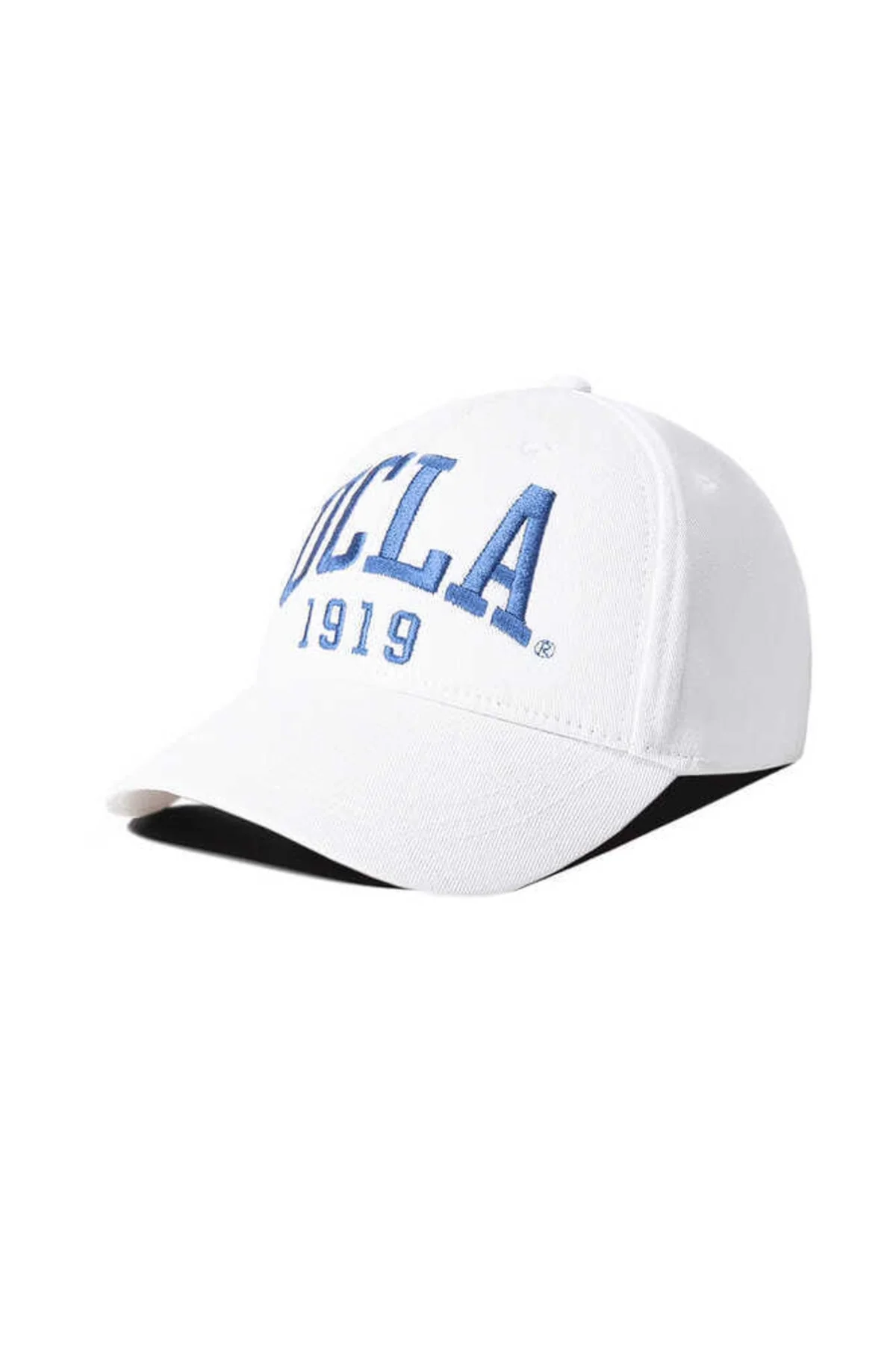 White baseball cap with blue embroidery and adjustable fit