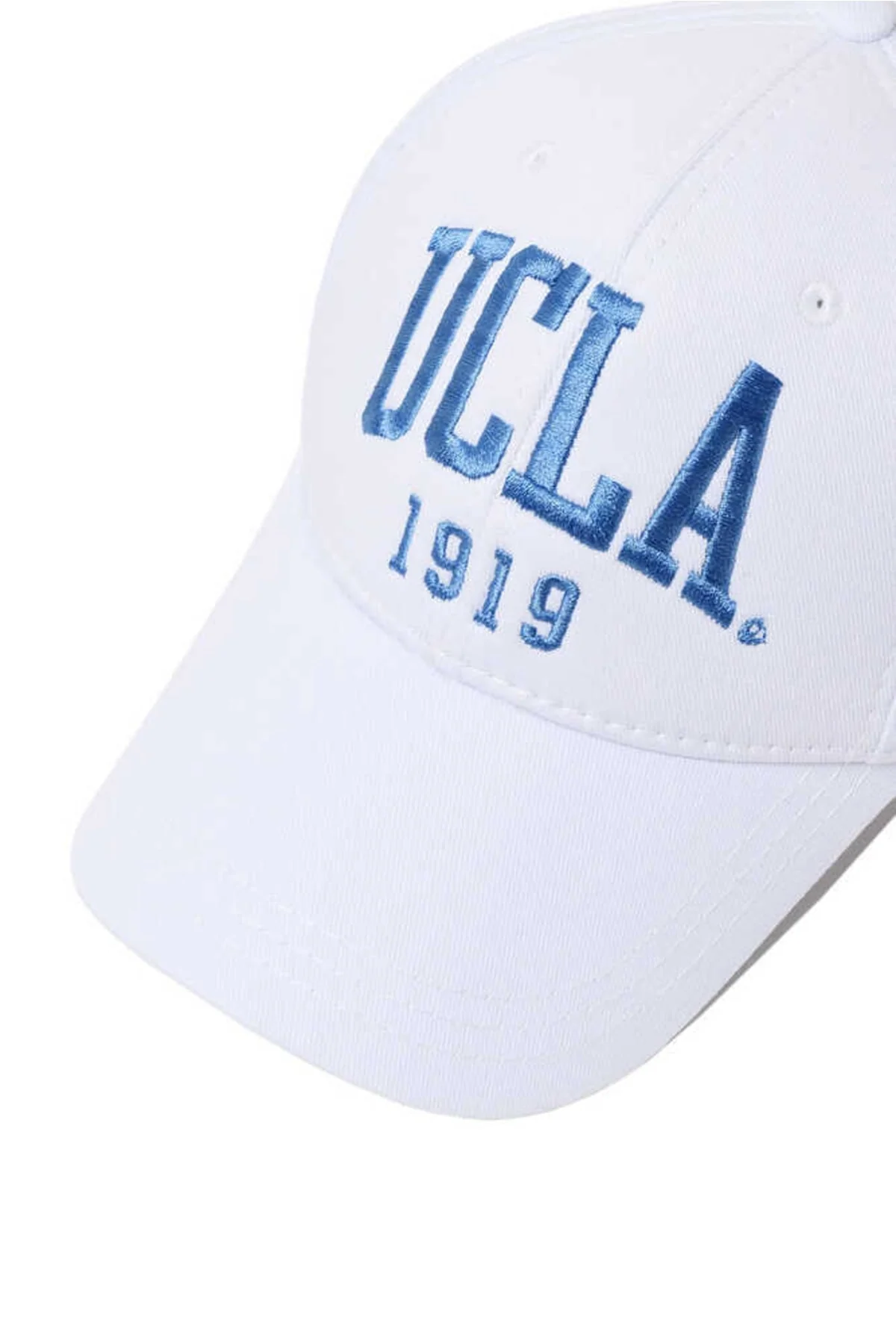 White baseball cap with blue embroidery and adjustable fit