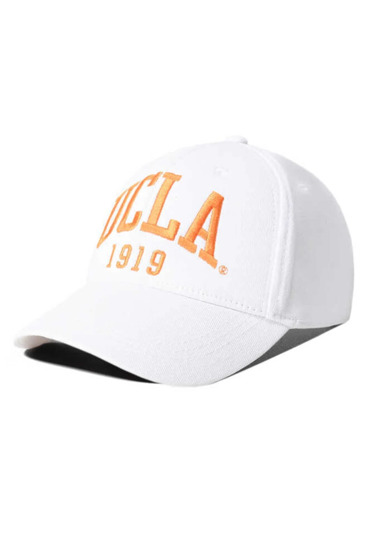 White baseball cap with orange embroidery and adjustable fit