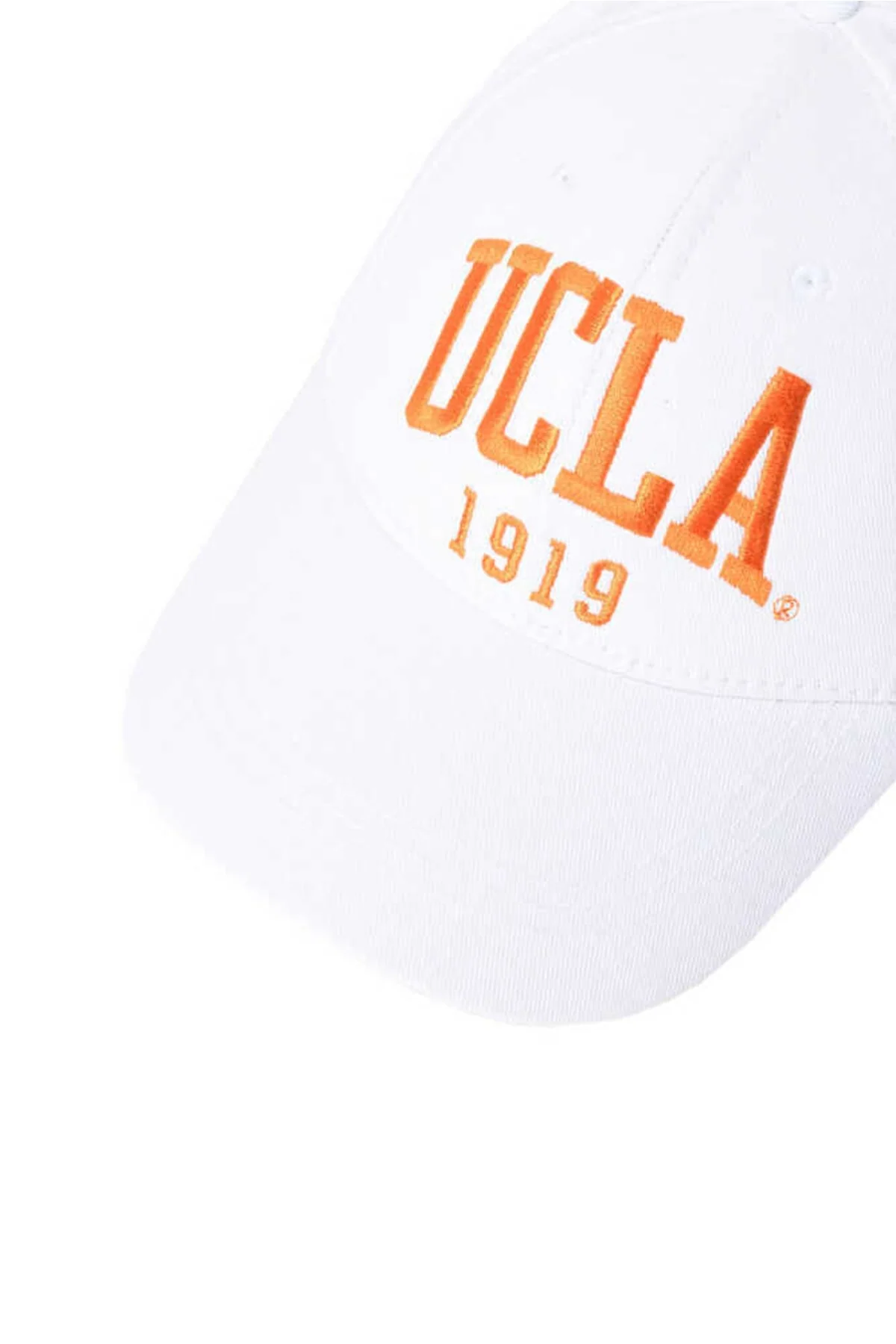 White baseball cap with orange embroidery and adjustable fit