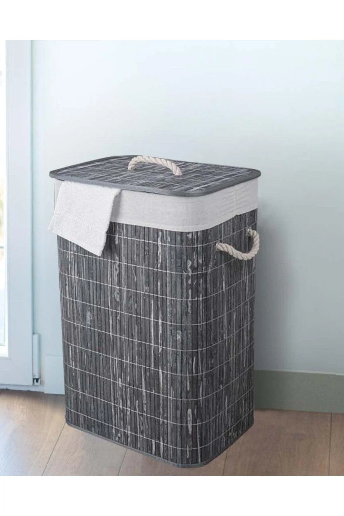 Gray bamboo folding laundry basket with washable liner