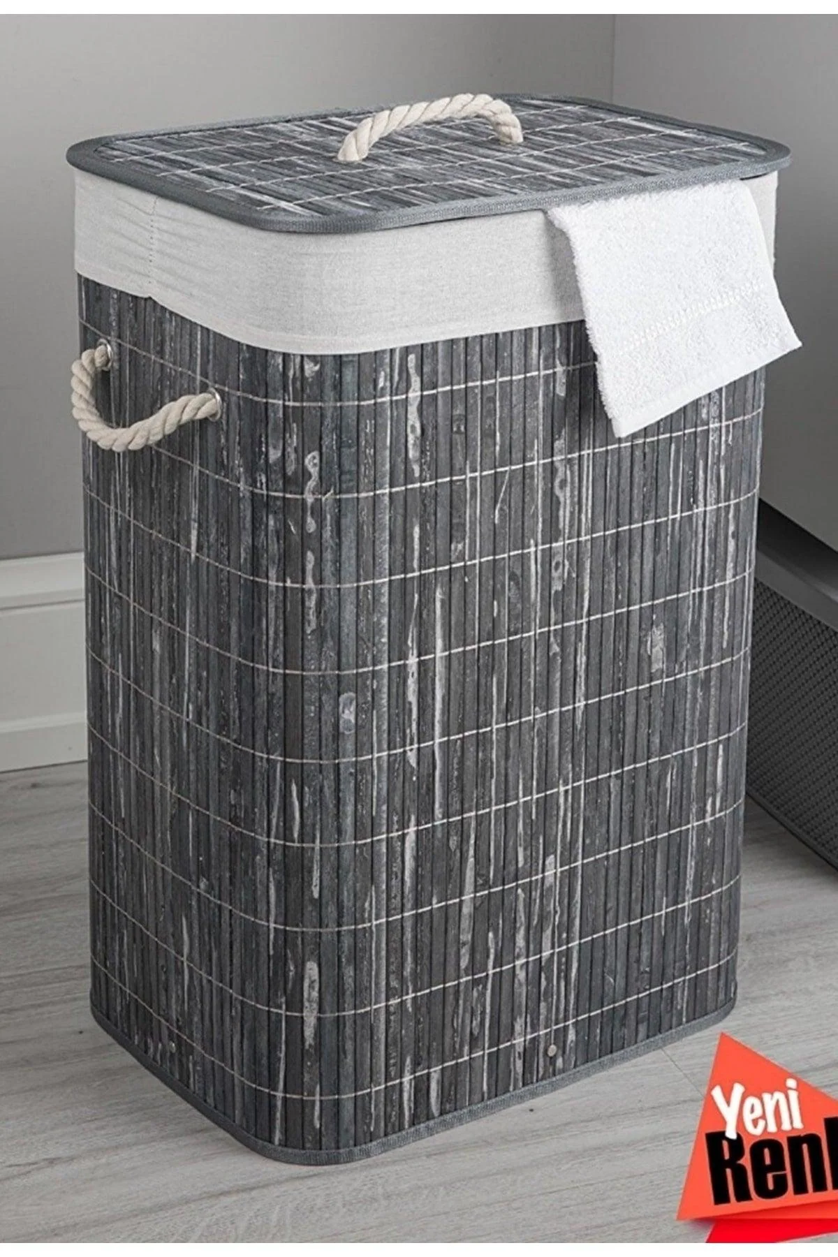 Gray bamboo folding laundry basket with washable liner