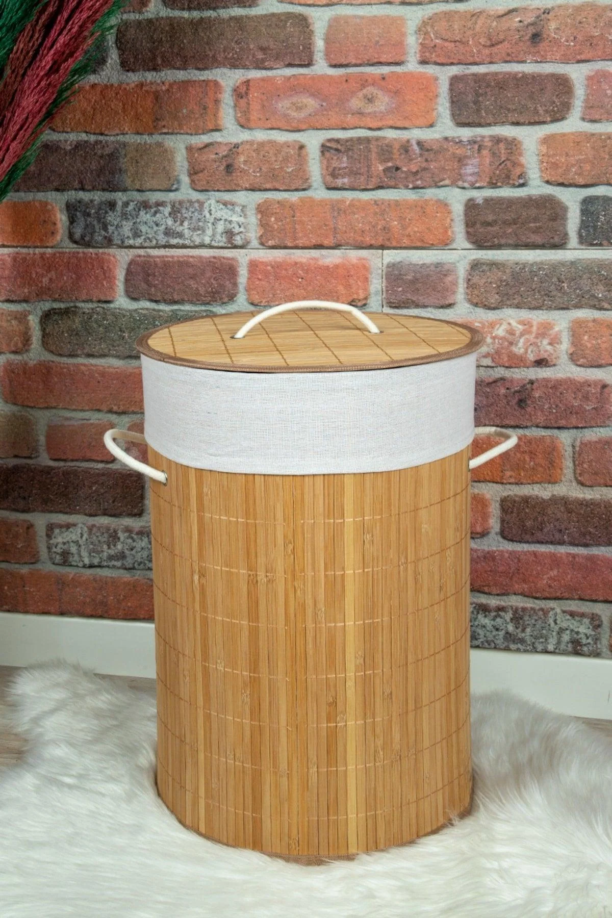 Bamboo laundry basket with washable fabric liner and foldable lid