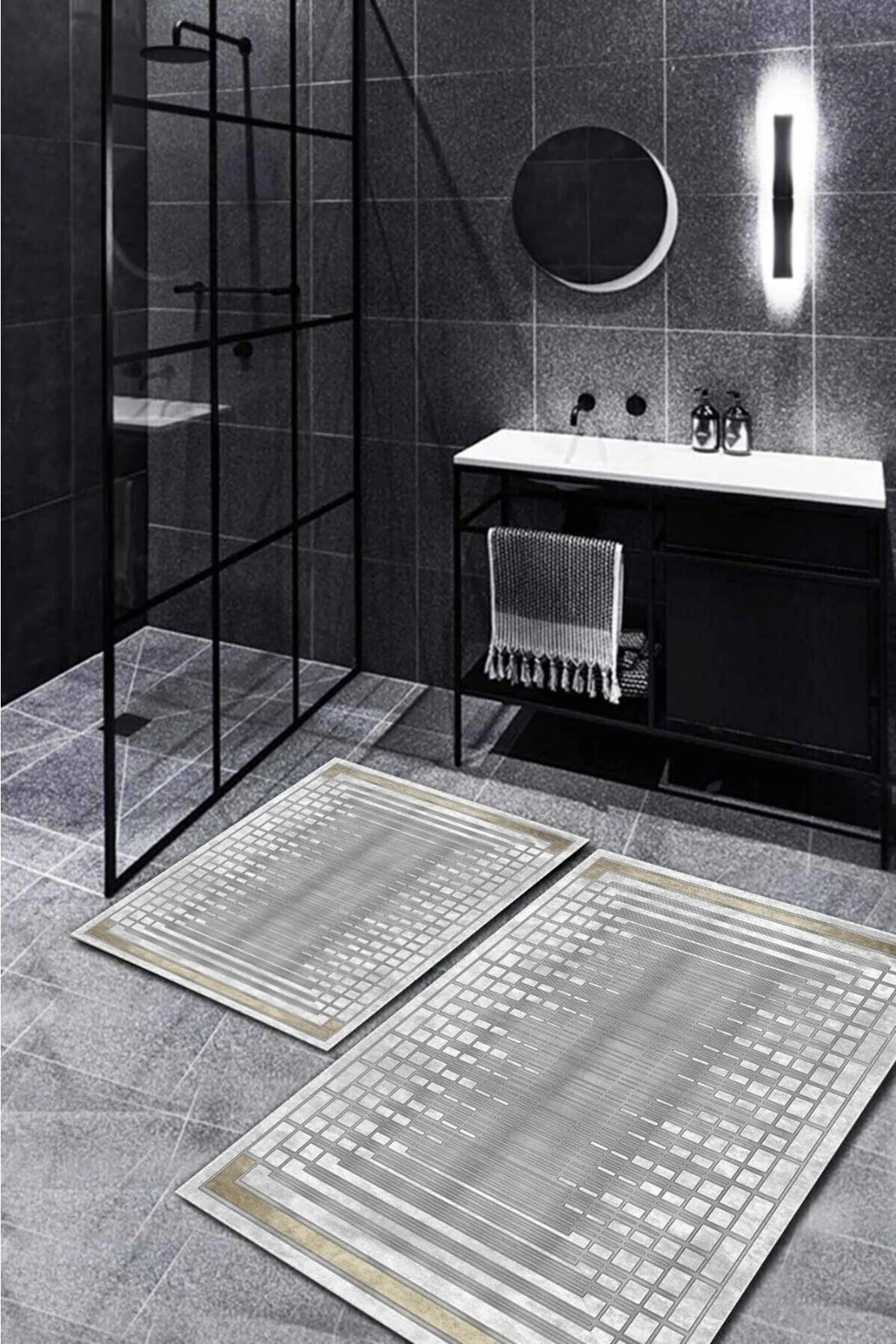 Modern Gray Patterned Bath Mat Set - 2 Piece Set with Non-Slip Base