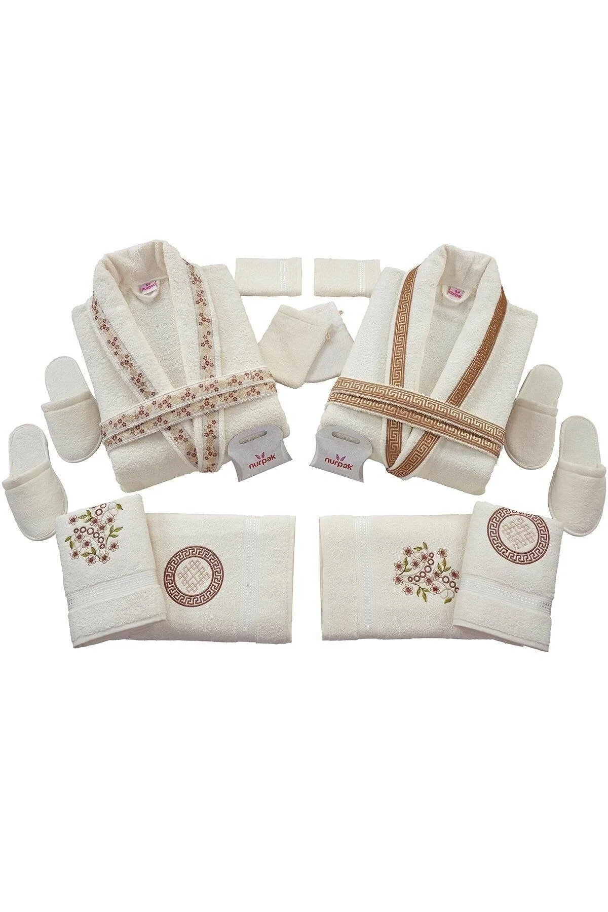16-Piece Cream and Brown Cotton Bathrobe Set – Includes Bathrobes, Towels, Slippers & Wash Bags