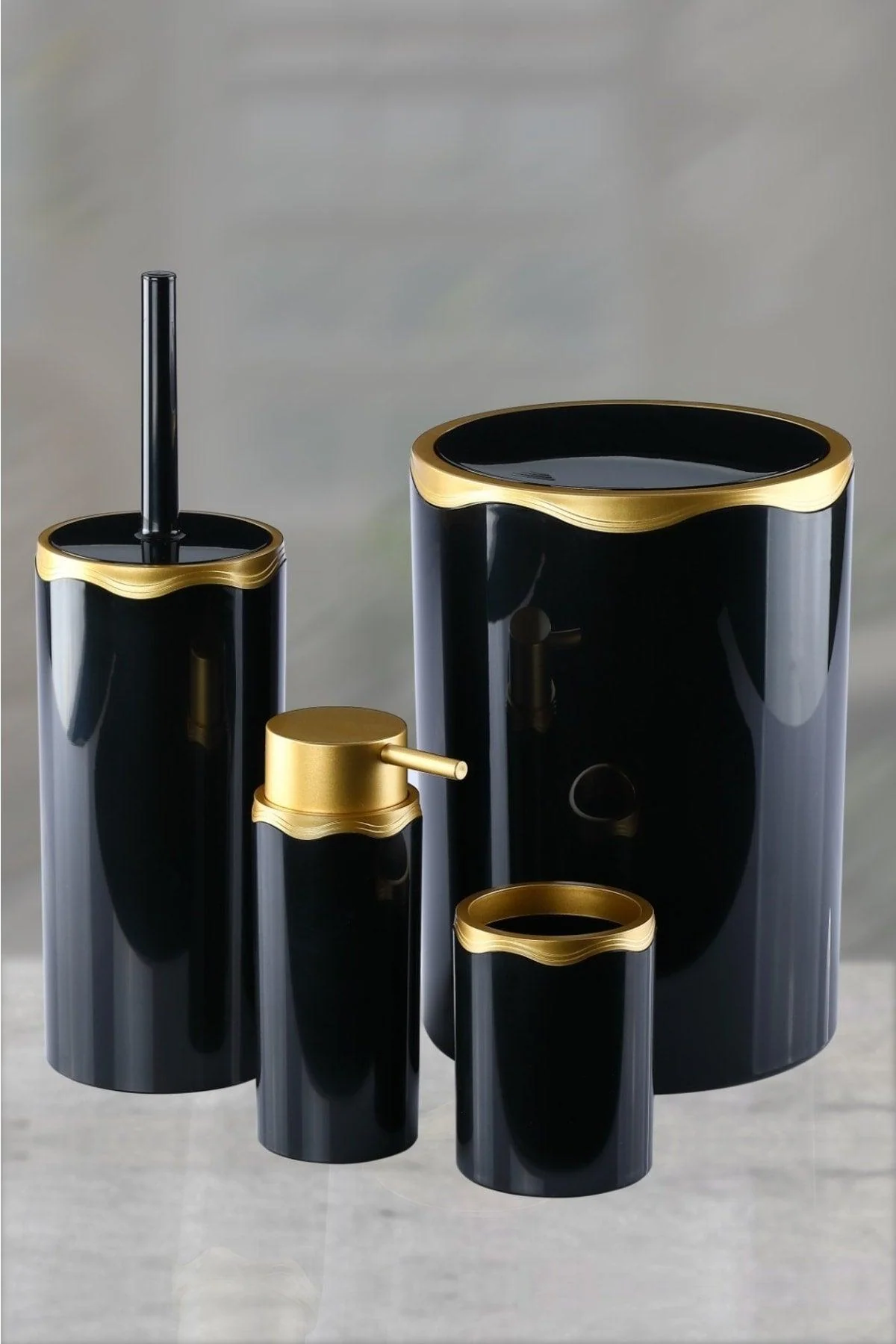 4-Piece Acrylic Bathroom Set in Black and Gold with Trash Can and Accessories