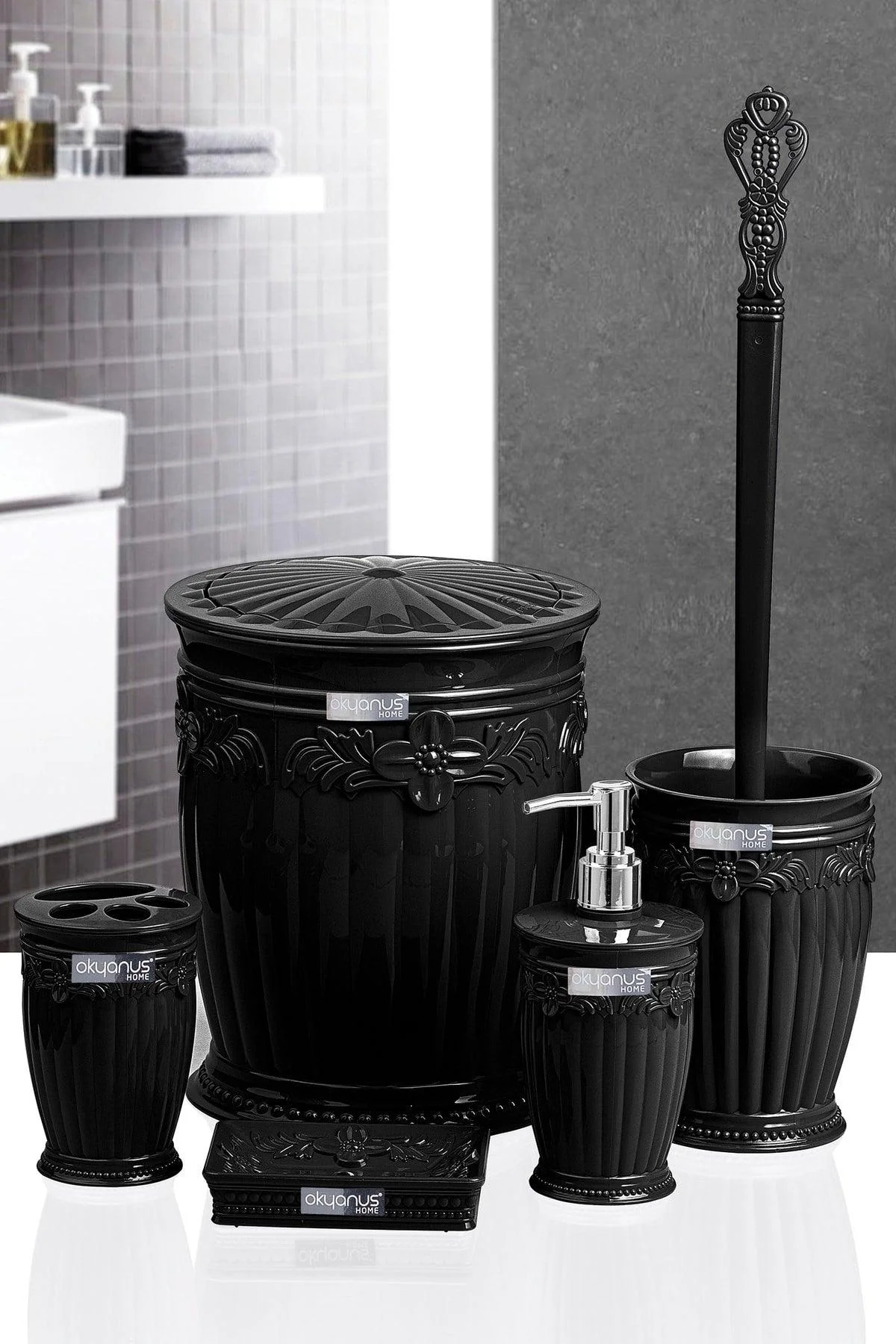5-Piece Bathroom Organizer Set in Black Plastic