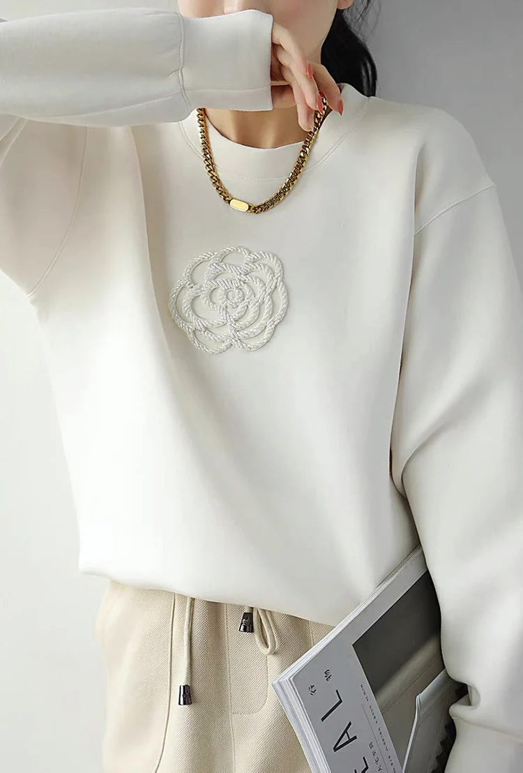 Beaded Camellia Air Layer Pullover Sweater