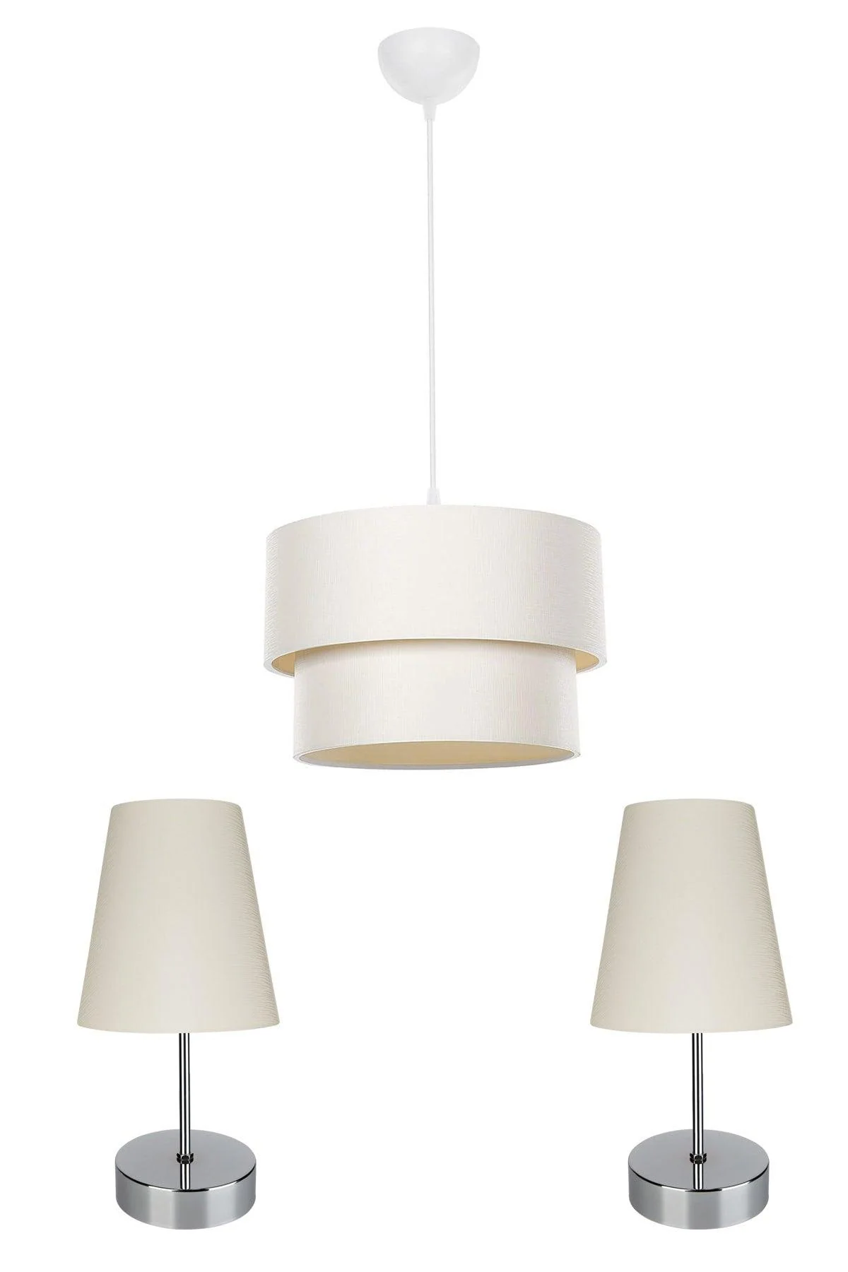 Set of two pendant lamps with cream fabric shades and chrome legs