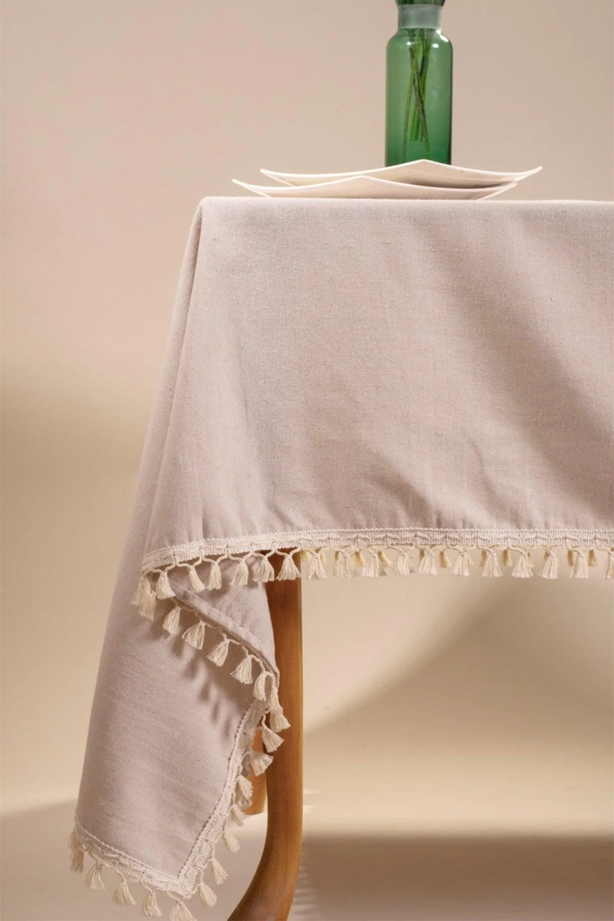 Beige Cotton Tablecloth with Pompom Edge